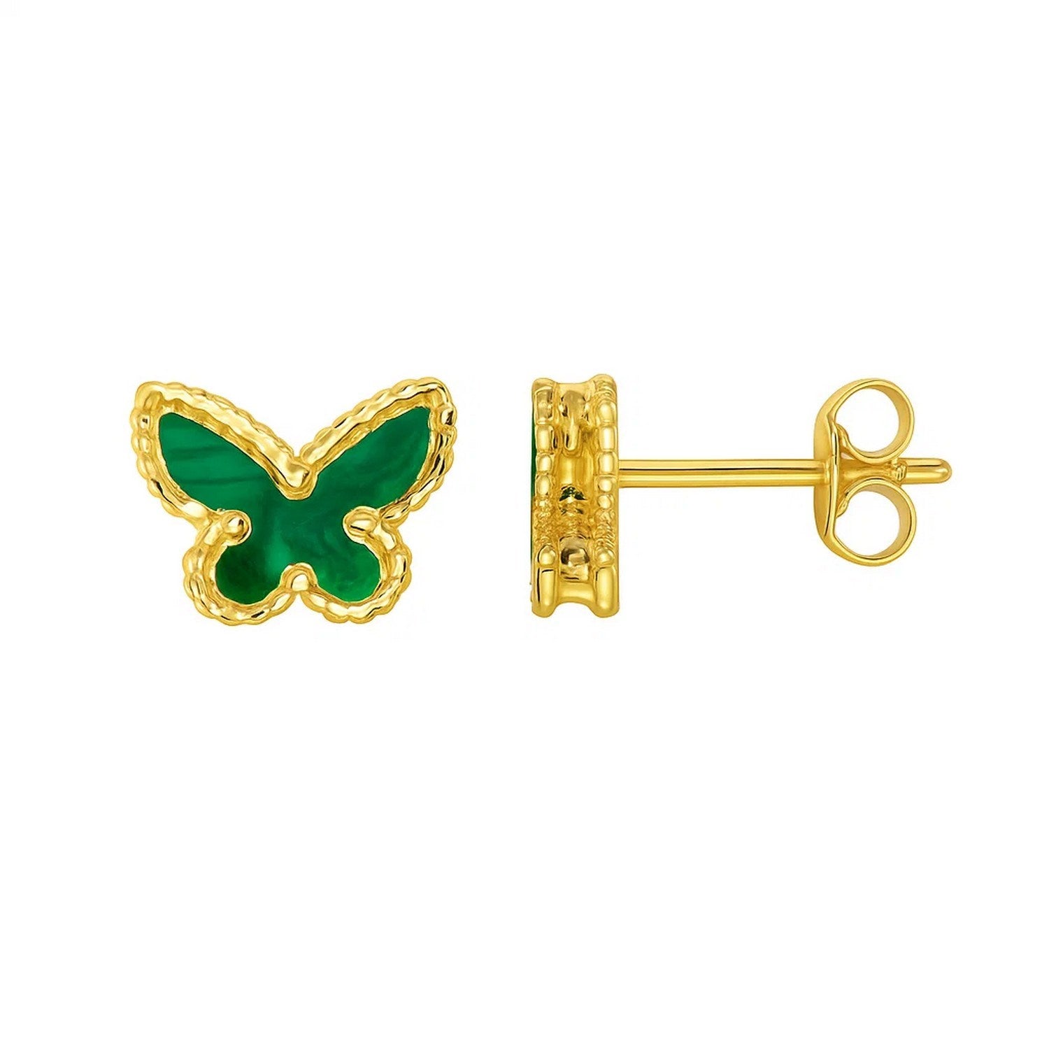14k yellow gold butterfly stud earrings featuring vibrant malachite accents in a modern design.