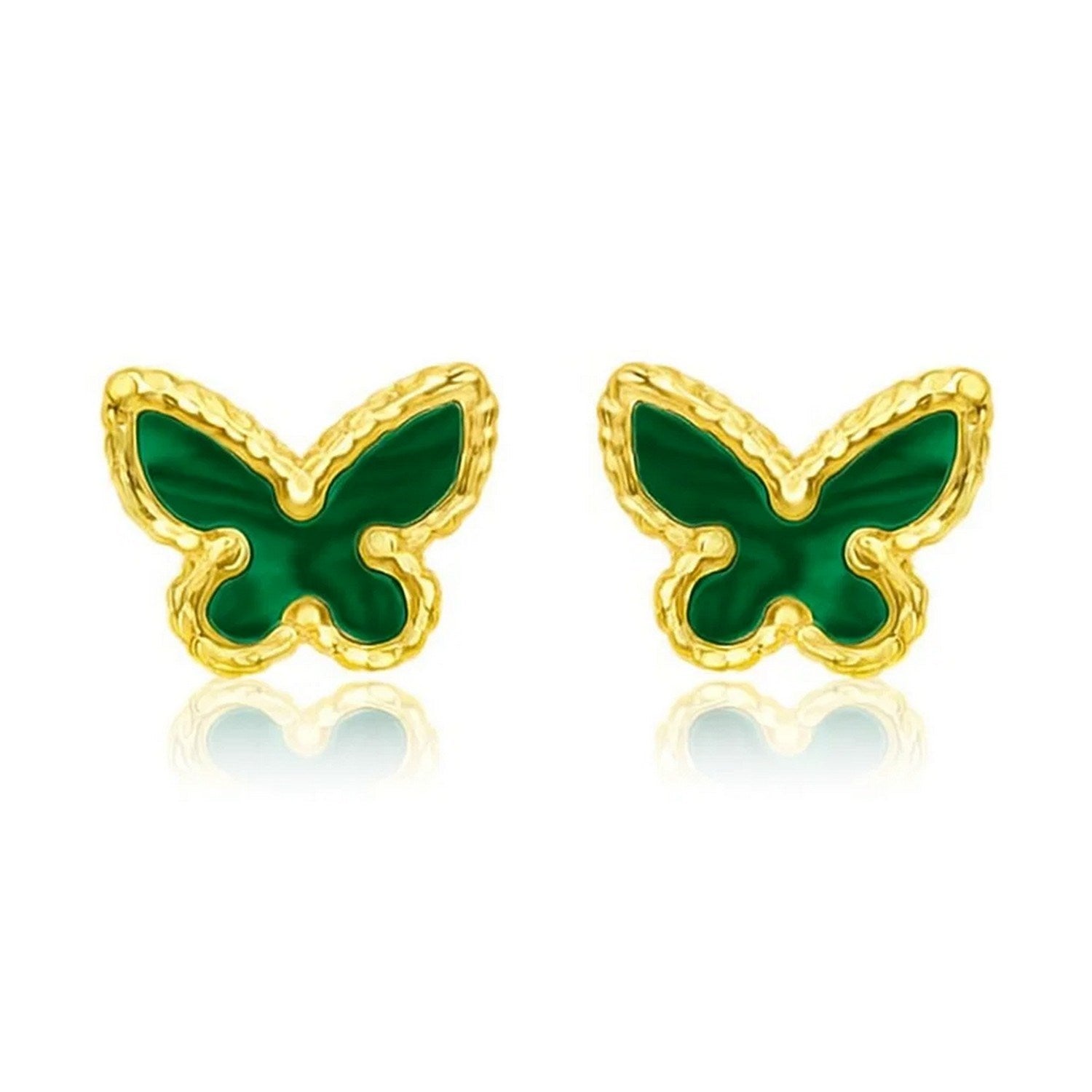 14K yellow gold butterfly stud earrings featuring vibrant malachite accents in a modern design.