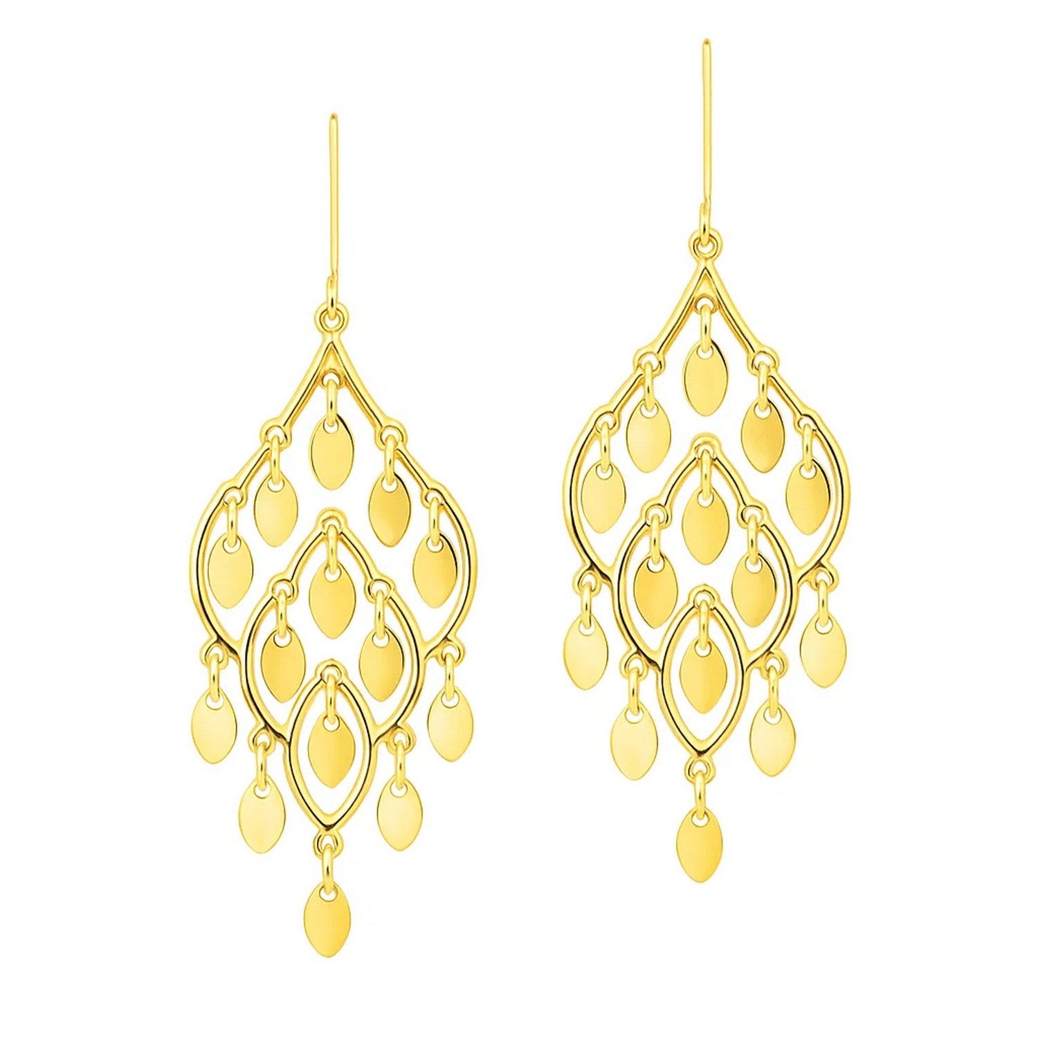14K yellow gold polished chandelier earrings with elegant drop design, perfect for luxury occasions.
