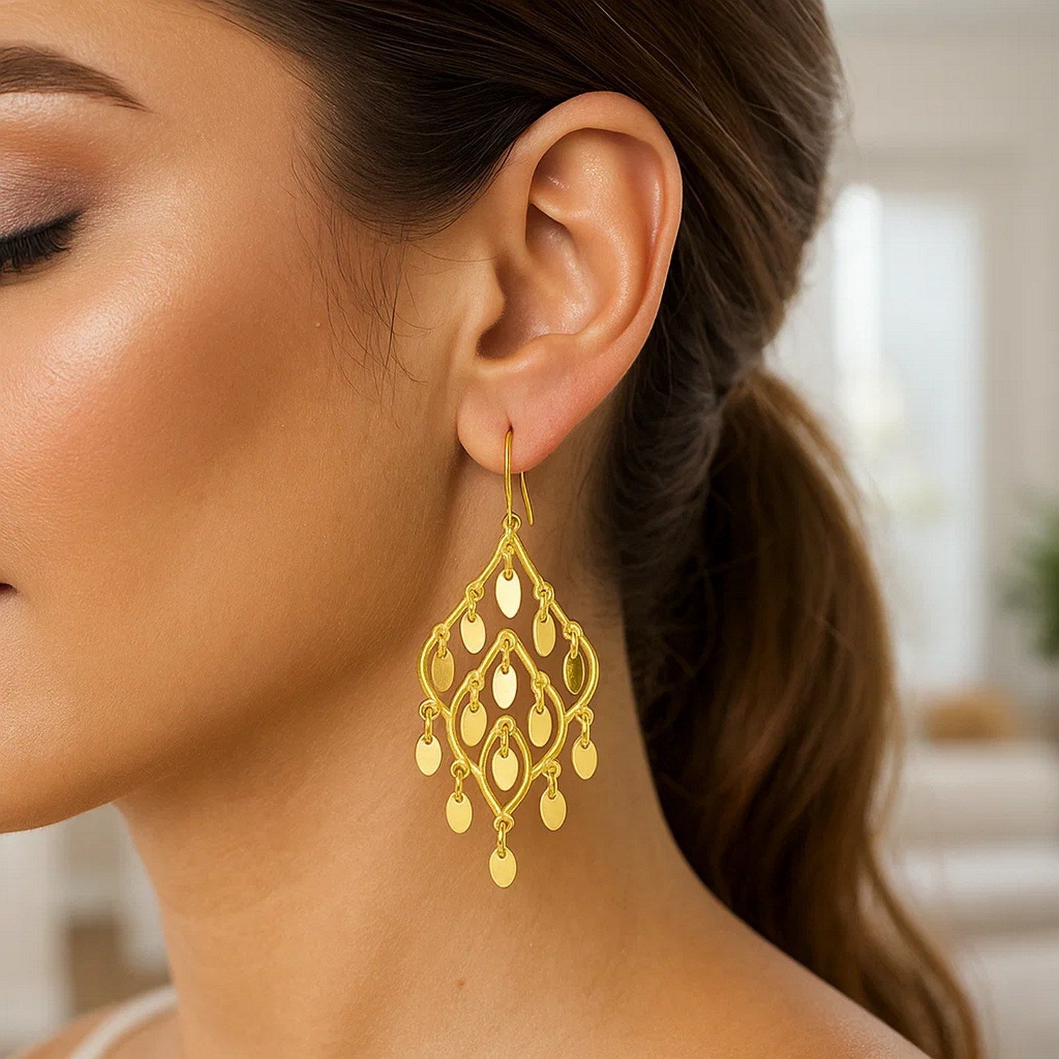 14K yellow gold polished chandelier earrings featuring elegant drop design for a luxurious statement look.