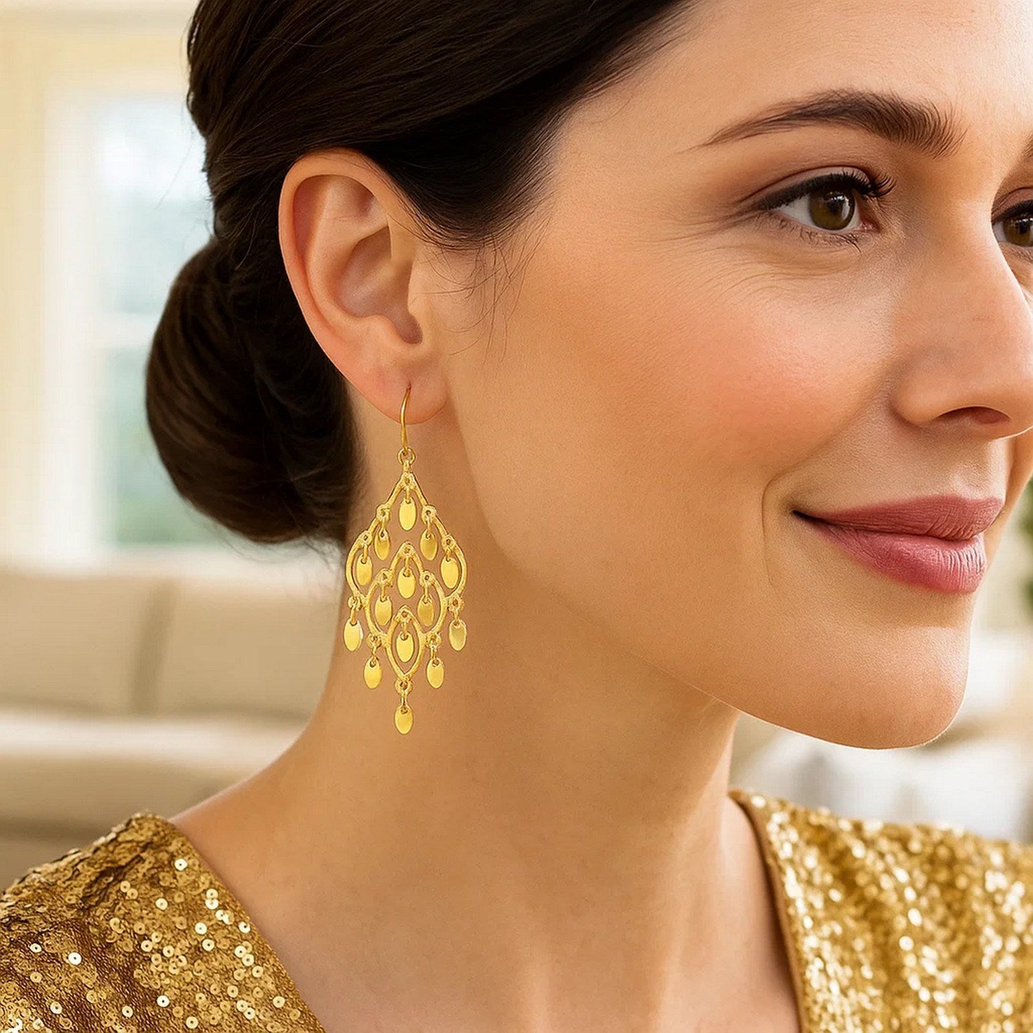 14K yellow gold polished chandelier earrings featuring an elegant drop design for a luxurious statement look.