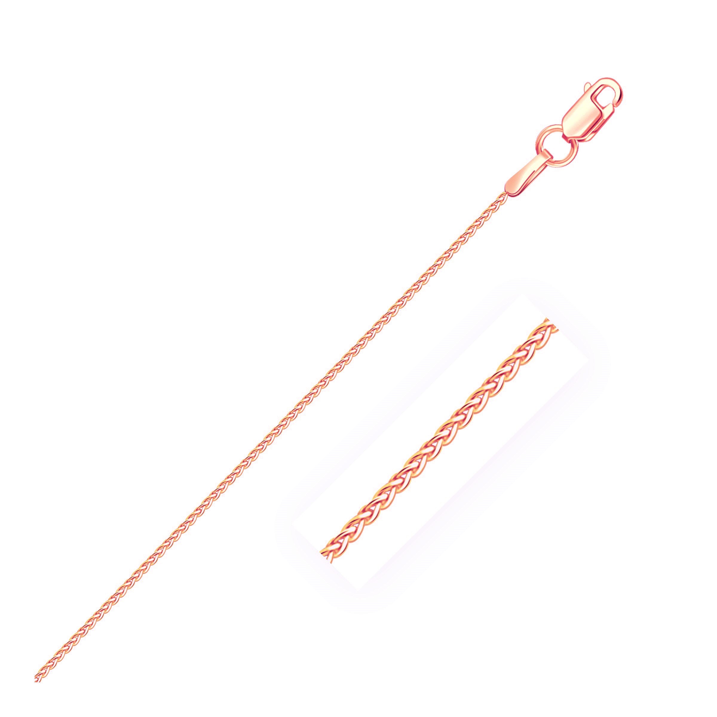 14k rose gold round wheat chain, elegantly crafted with a delicate 1.00 mm design for timeless luxury.