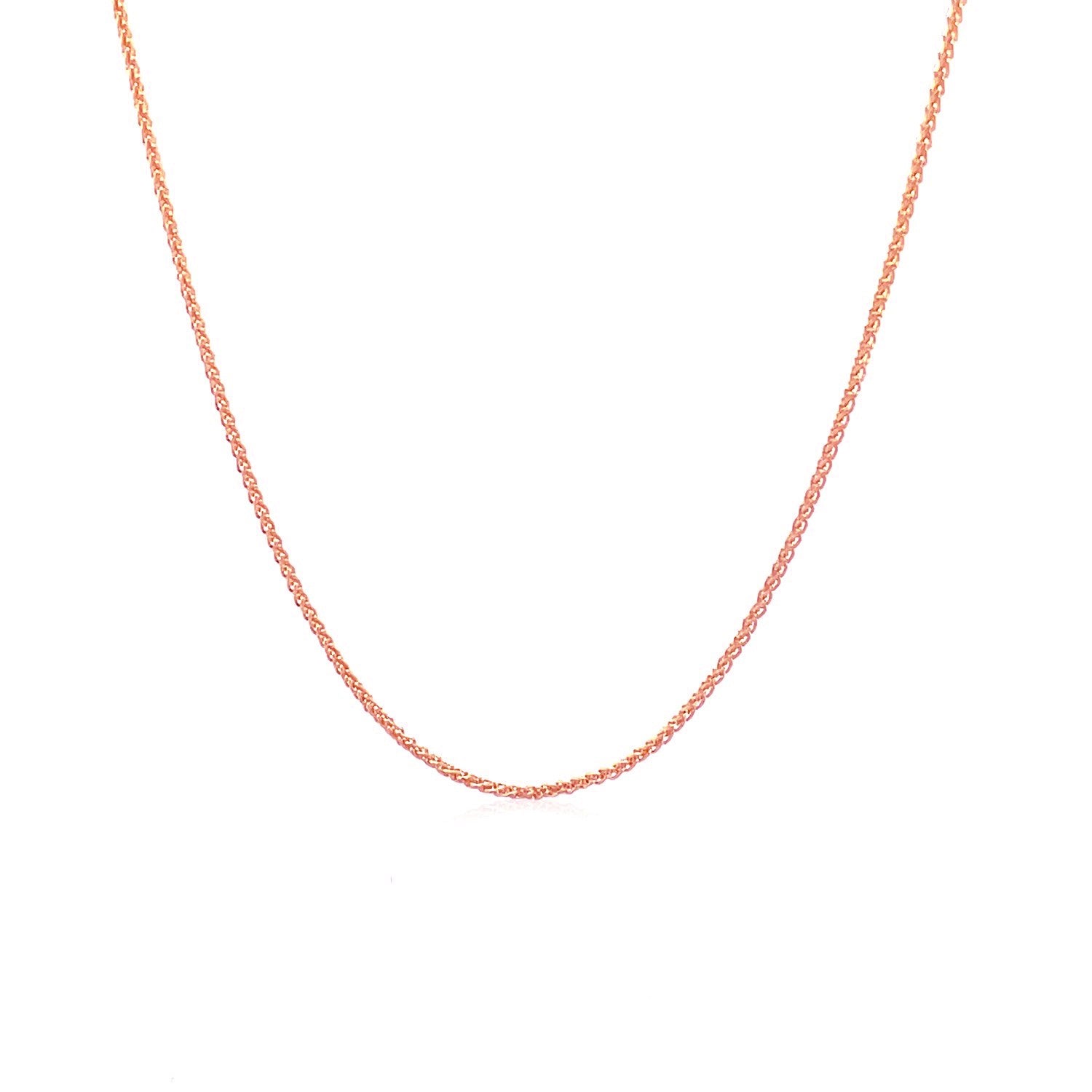 Elegant 14k rose gold round wheat chain, showcasing a refined design with a delicate 1.00 mm thickness.