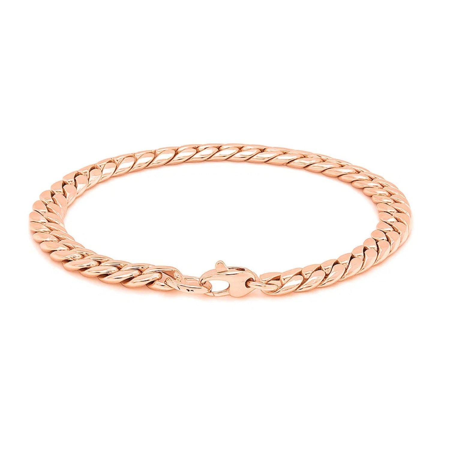 Elegant 14k rose gold Cuban link bracelet featuring a sleek chain design, perfect for luxury jewelry enthusiasts.