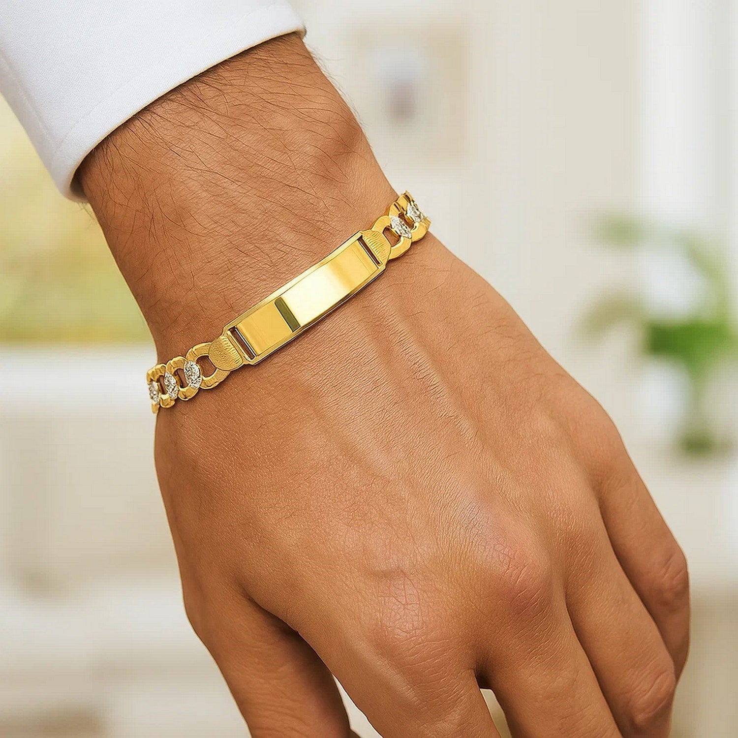 14k yellow gold pave curb ID bracelet featuring diamond accents and modern link design, perfect for luxury styling.