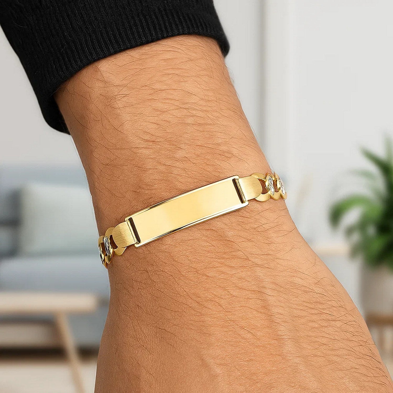 14k yellow gold pave curb ID bracelet featuring a modern chain design and sparkling diamonds, perfect for luxury styling.