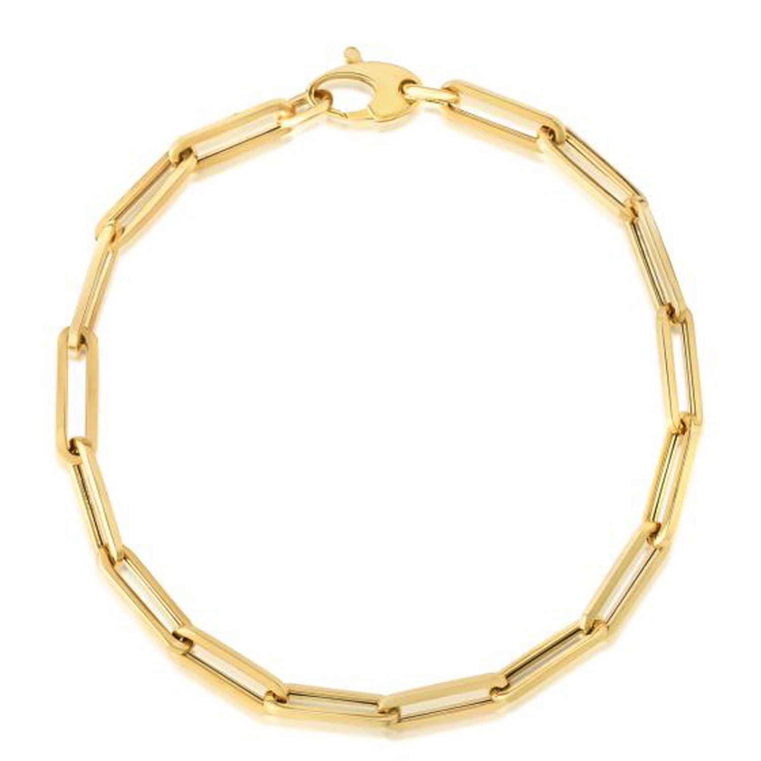 14k yellow gold modern paperclip bracelet featuring elegant chain links, perfect for layering or solo wear.