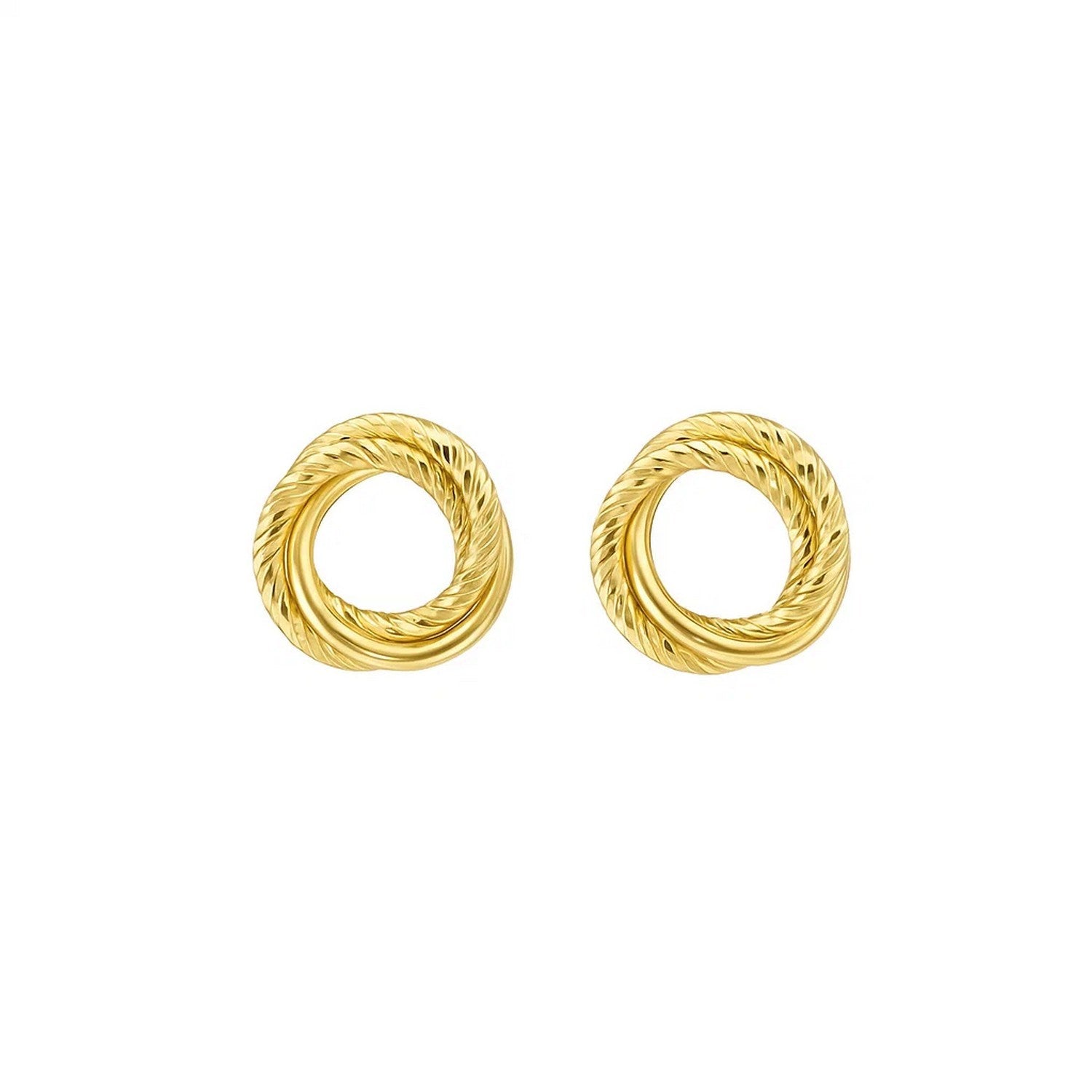14K yellow gold diamond cut interlocking stud earrings with a modern design, perfect for elegant occasions.