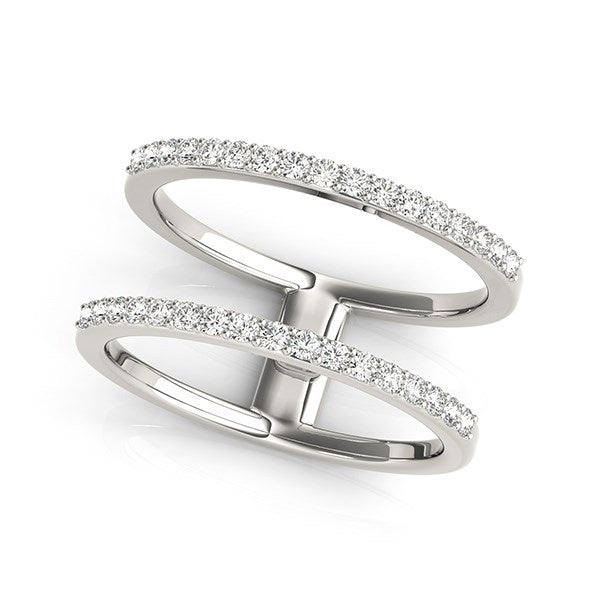 14k white gold dual band ring adorned with sparkling diamonds, showcasing modern luxury and exquisite craftsmanship.