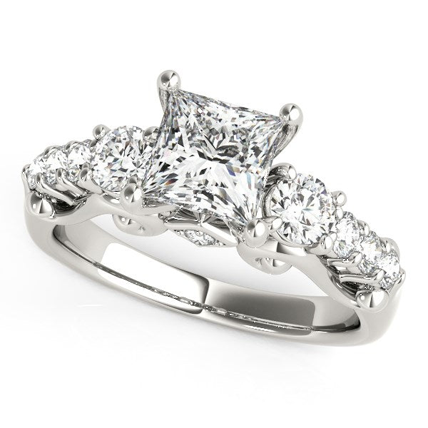14k white gold vintage three-stone diamond engagement ring featuring exquisite antique design and 1 3/4 cttw diamonds.