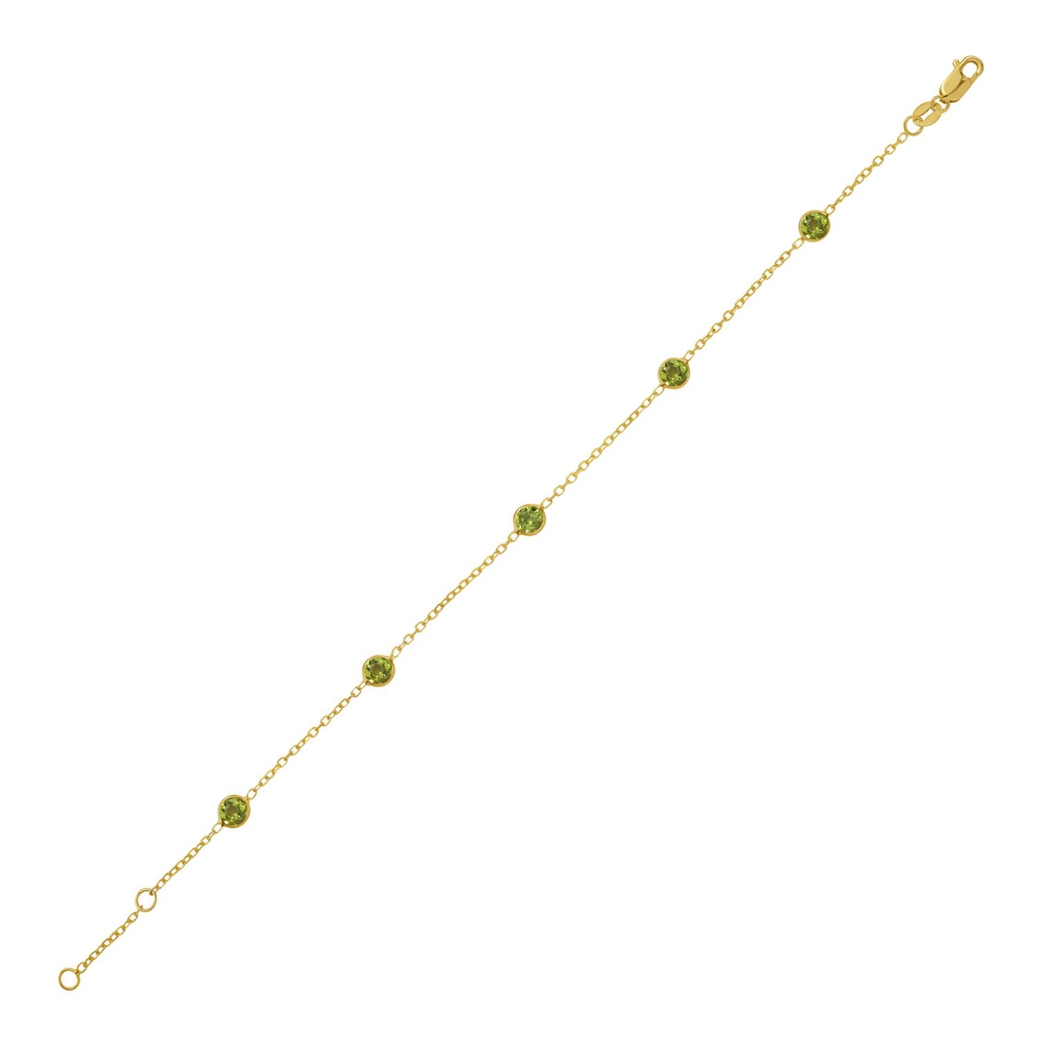 14k yellow gold peridot station bracelet with elegant chain links, perfect for sophisticated jewelry collections.