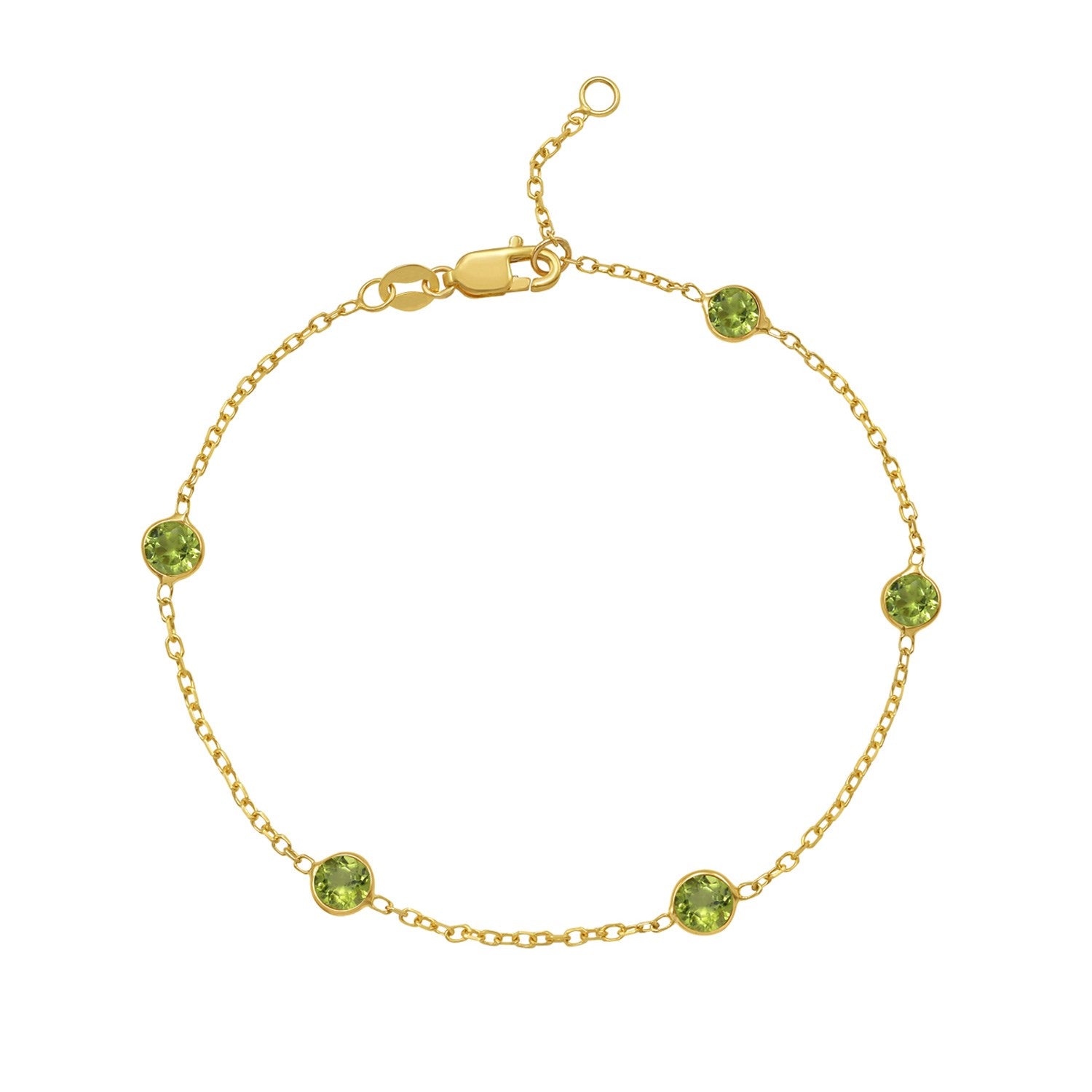Elegant 14k yellow gold peridot station bracelet featuring delicate chain links and a refined design.