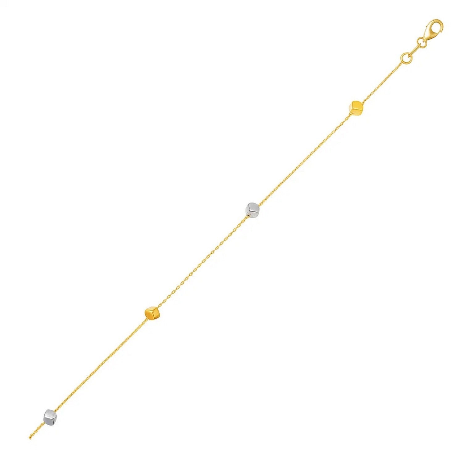 14k two-tone gold bracelet featuring polished cubes on a modern chain, exuding elegance and luxury.