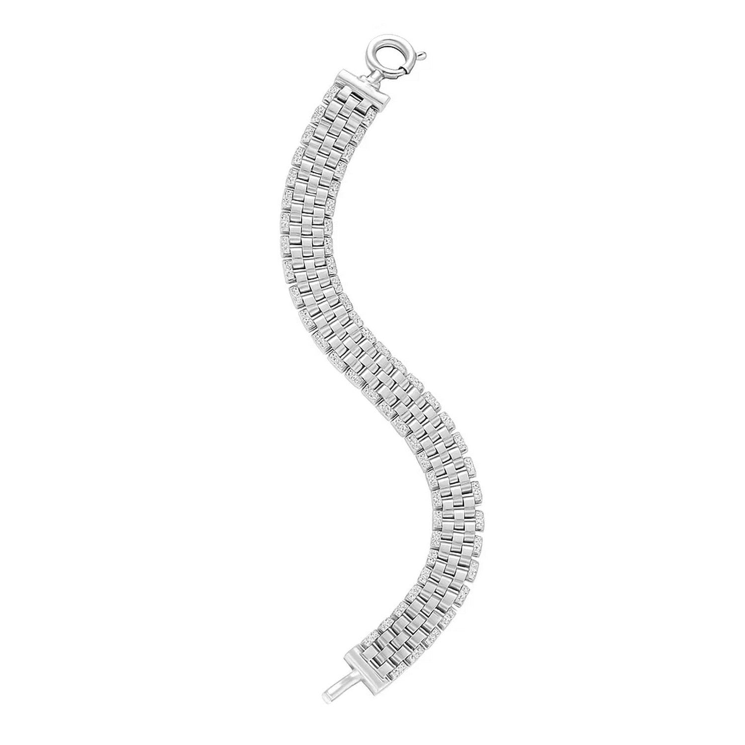 14k white gold faceted panther link chain bracelet adorned with shimmering diamonds, exuding elegance and luxury.