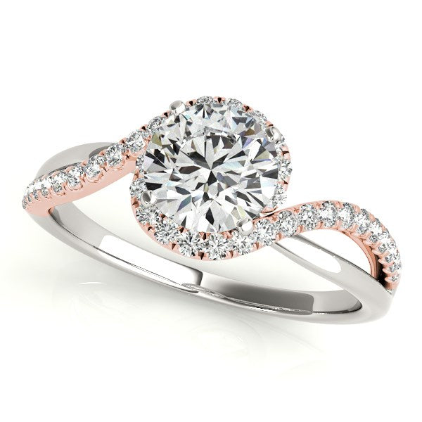 14k white and rose gold bypass band engagement ring featuring dazzling diamonds in a modern design.