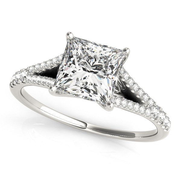 14k white gold princess cut diamond engagement ring with split shank design, showcasing modern elegance and brilliance.