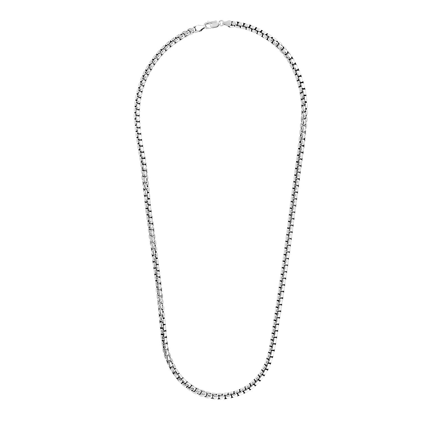 Sterling silver rhodium plated round box chain, modern design, 5.20 mm width, perfect for layering or standalone elegance.