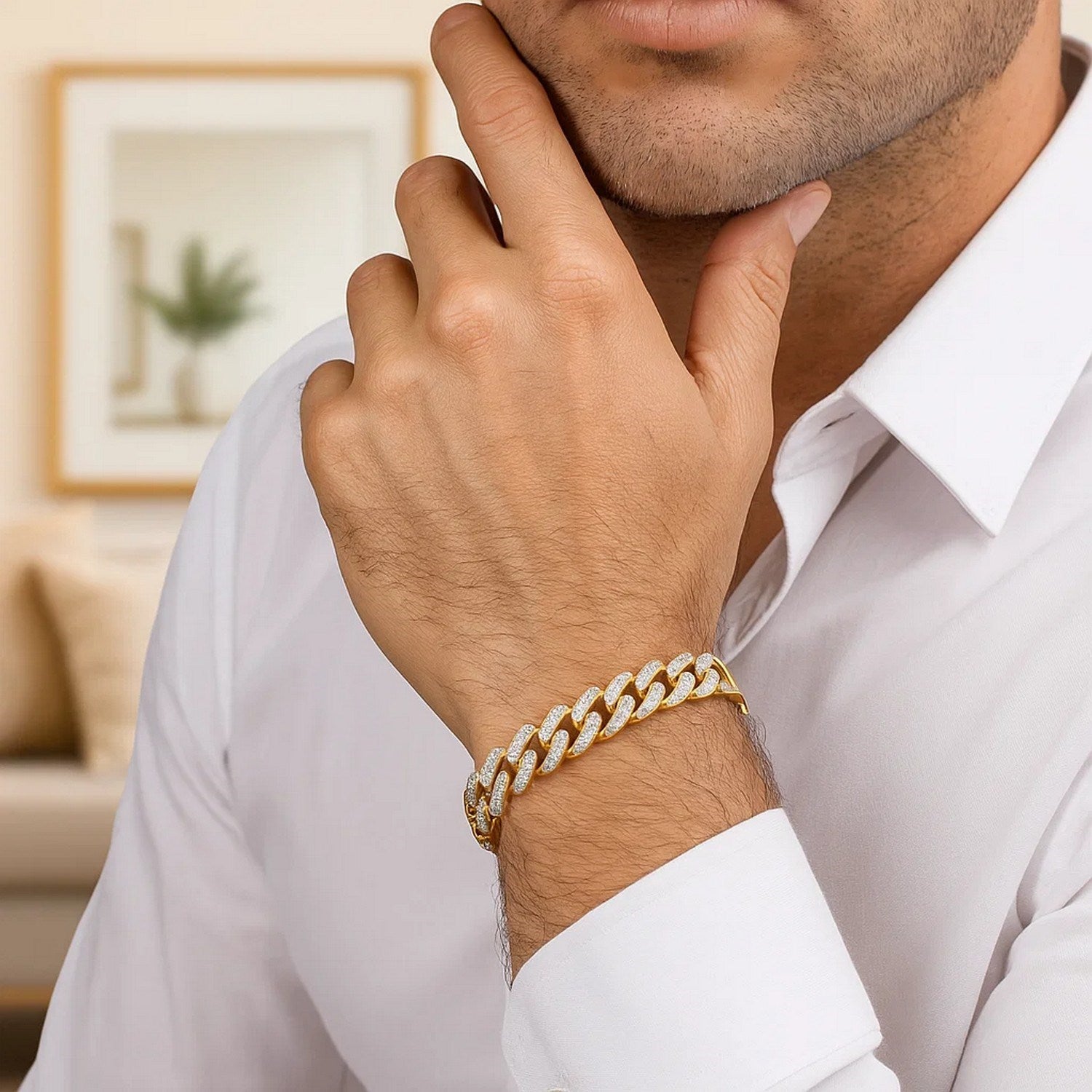 14k two-tone gold curb chain bracelet featuring diamond pave links, exuding classic elegance and luxury.