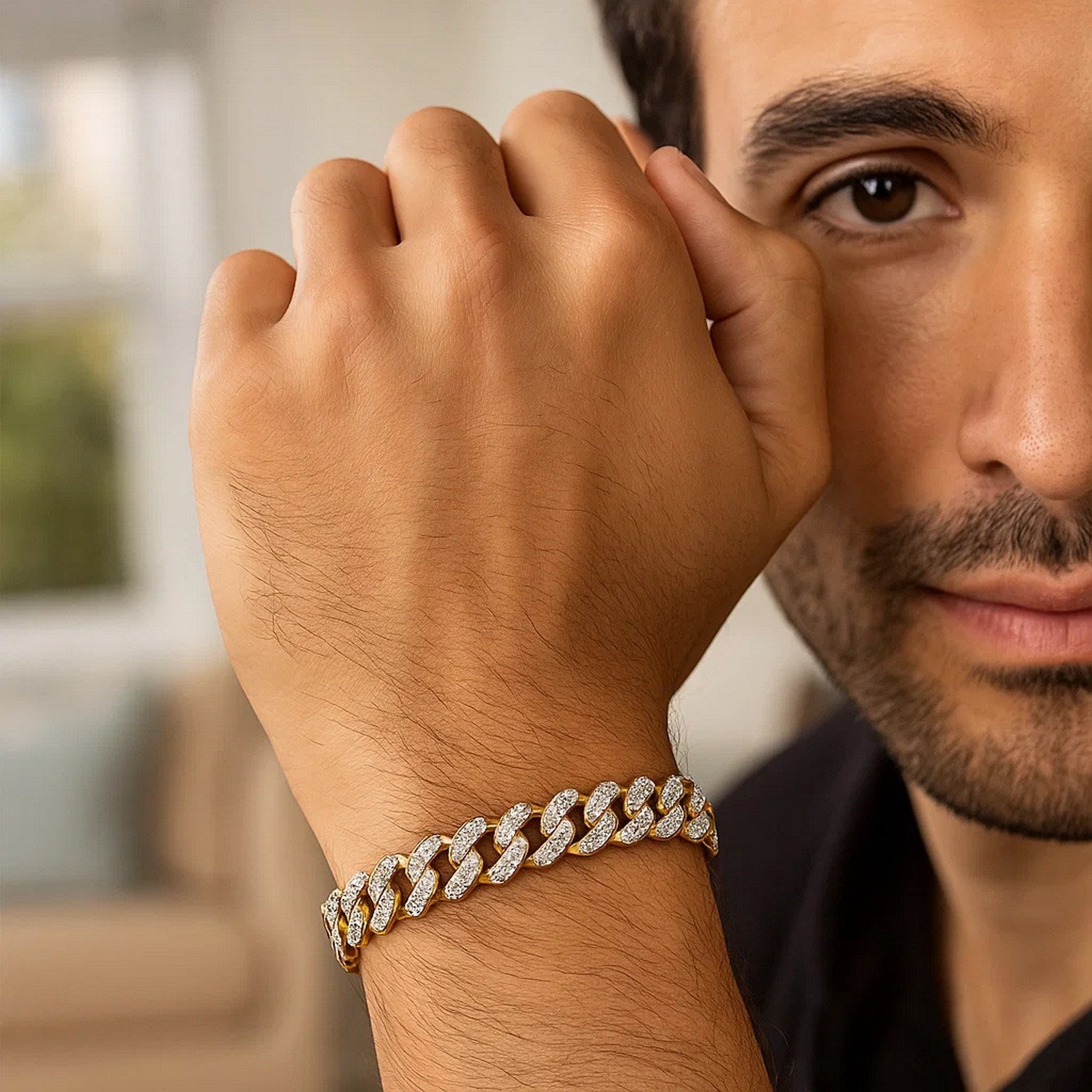14k two-tone gold curb chain bracelet featuring diamond pave links, classic elegance for luxury jewelry lovers.