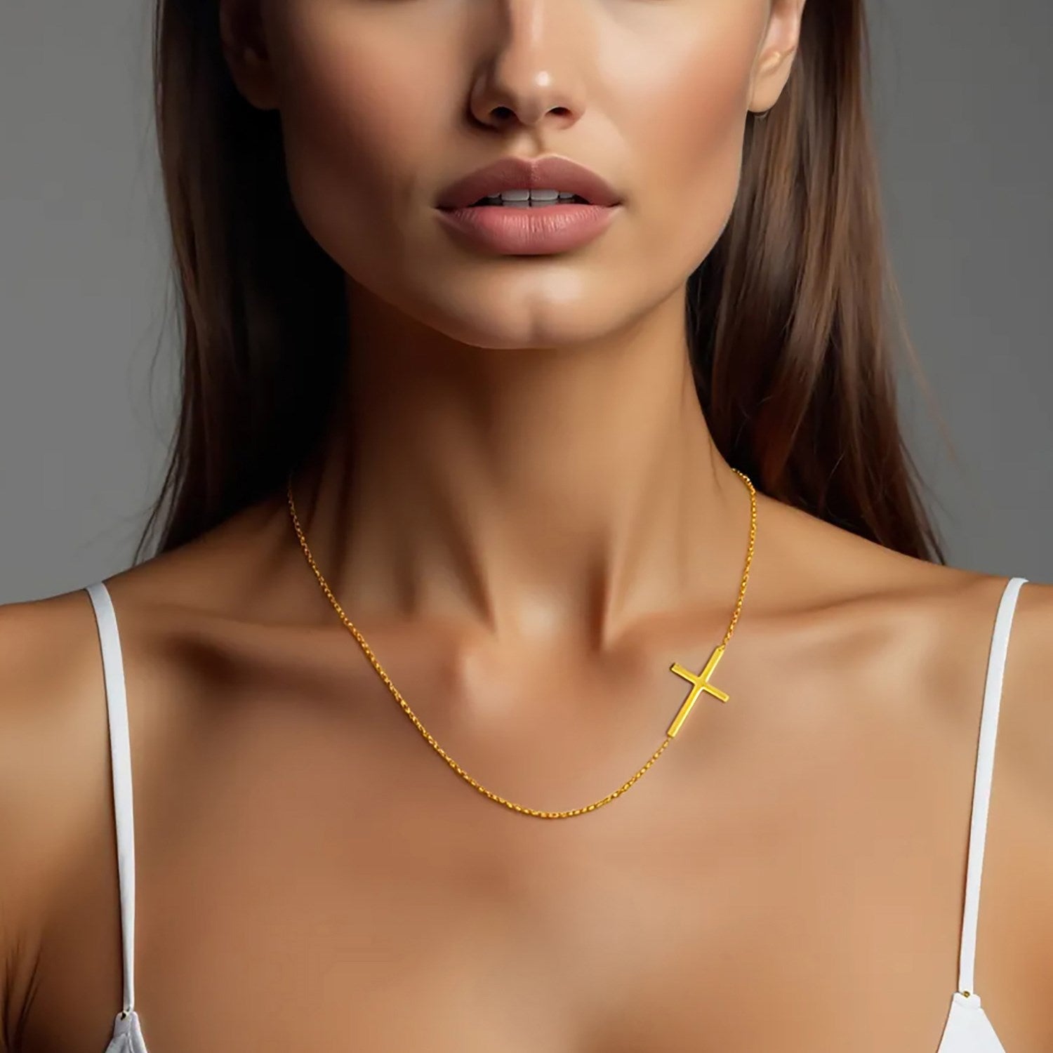Elegant 14k yellow gold cross motif necklace with a refined chain design, perfect for sophisticated styling.