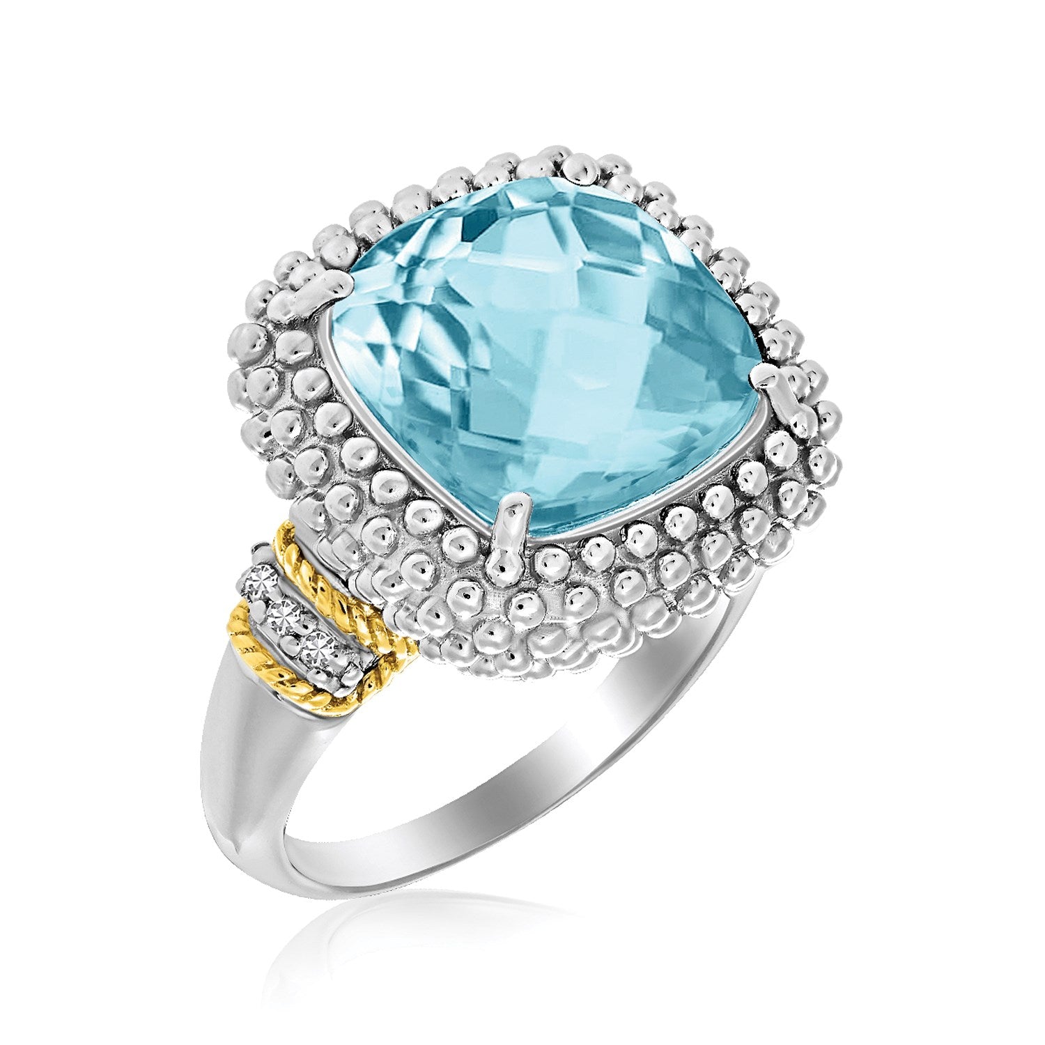 18k yellow gold and sterling silver ring featuring cushion-cut sky blue topaz and sparkling diamonds in a modern design.