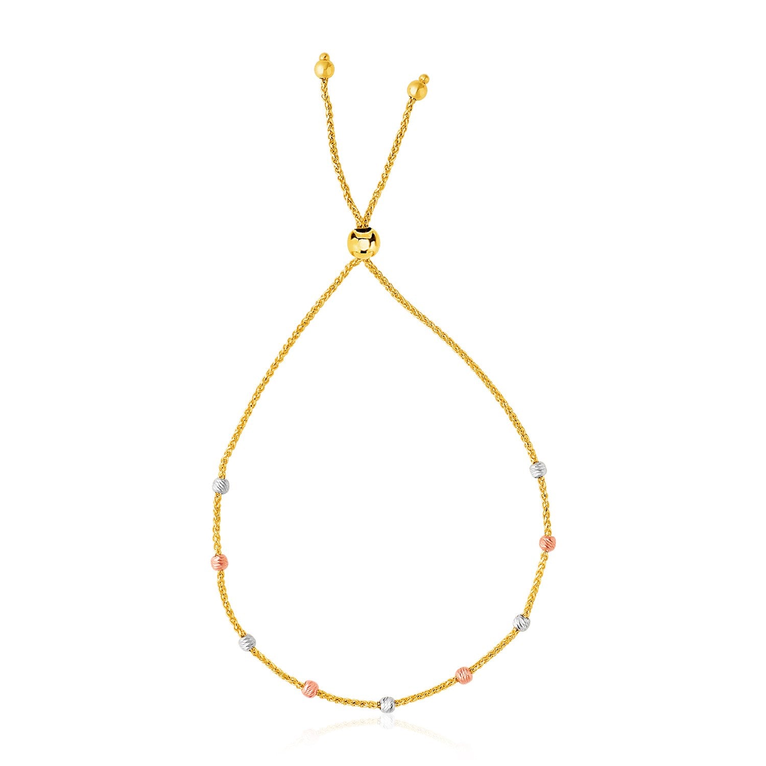 14k tri-color gold textured bead station lariat bracelet featuring shimmering diamonds in a contemporary design.