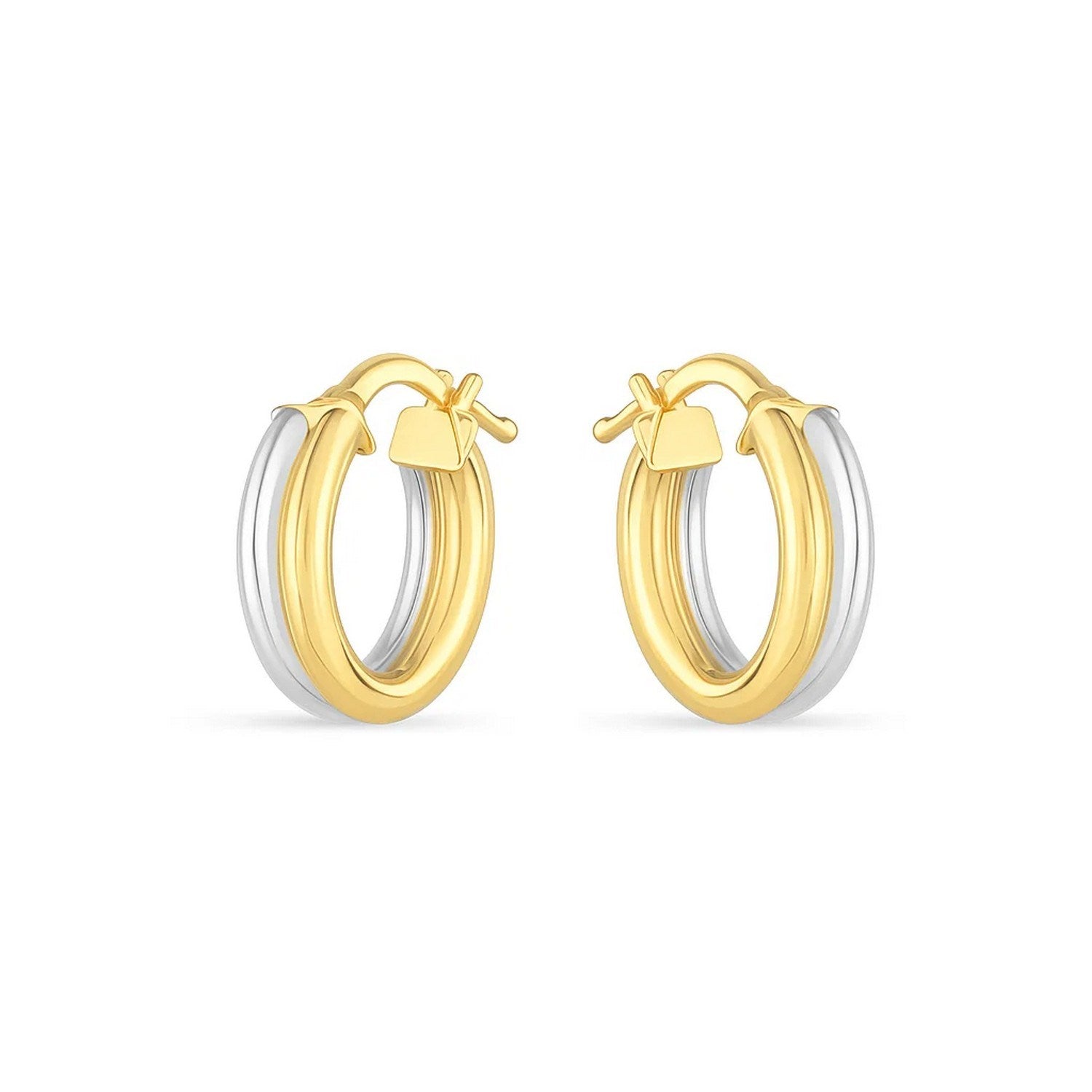 14k two-tone gold textured double hoop earrings with a modern design, perfect for elegant occasions.