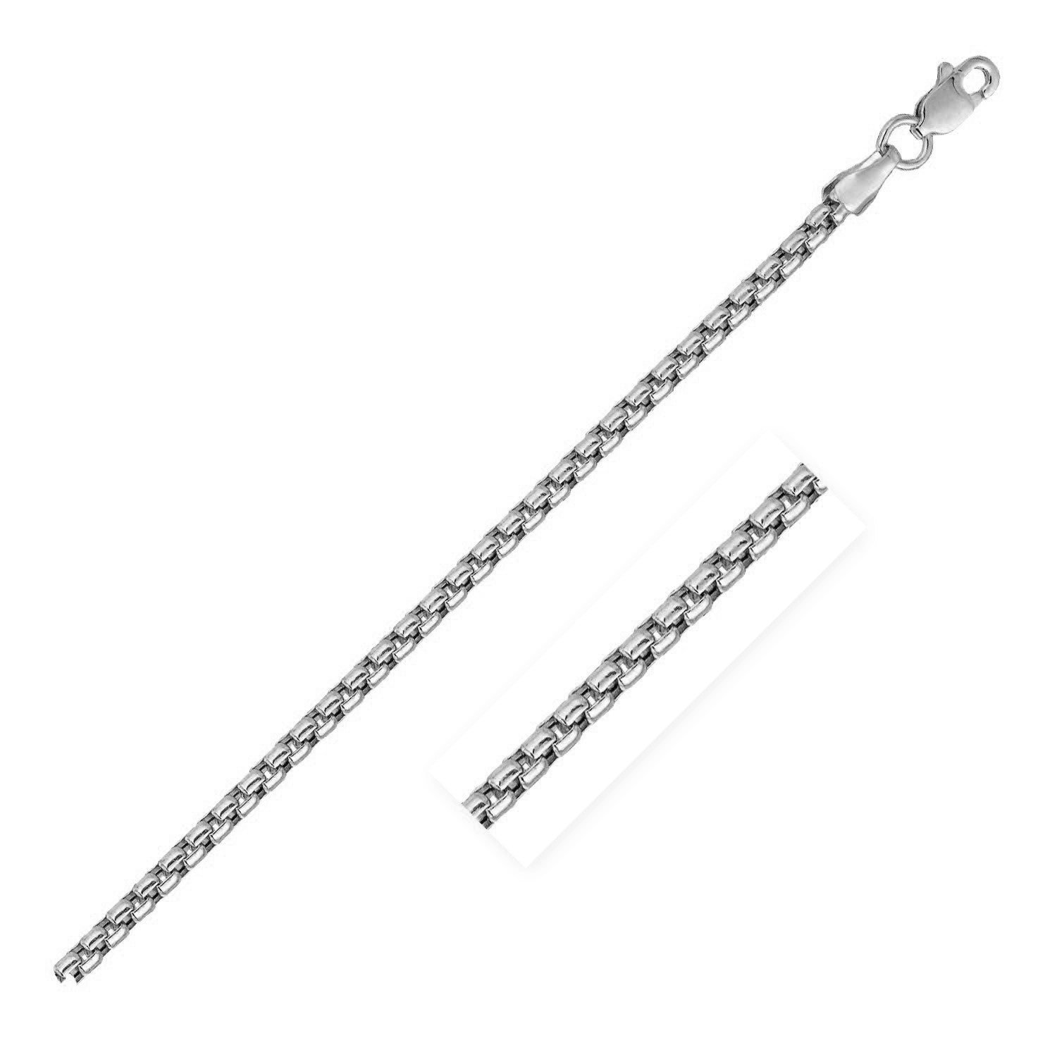 14k white gold solid round box chain, modern design, 2.5 mm width, perfect for layering or as a statement piece.