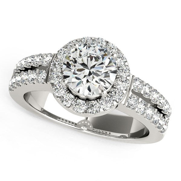 14k white gold halo diamond engagement ring featuring a double row band and elegant prong setting, 1 3/8 cttw.