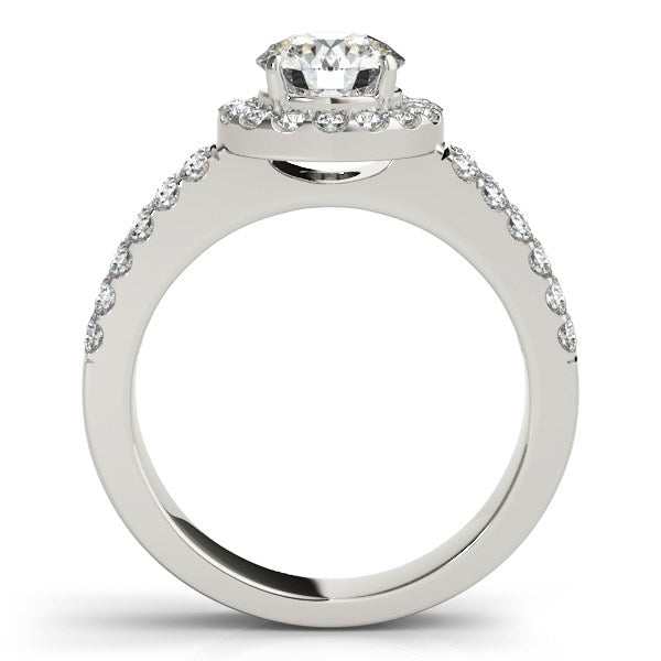 14k white gold halo diamond engagement ring with double row band and prong setting, showcasing modern elegance.