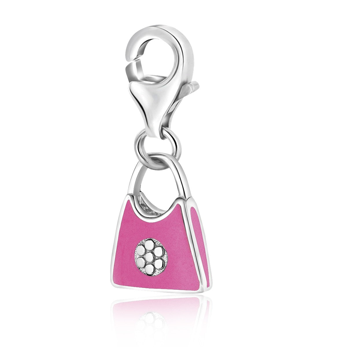 Sterling silver charm featuring a pink enameled handbag with a delicate flower motif, embodying modern luxury elegance.