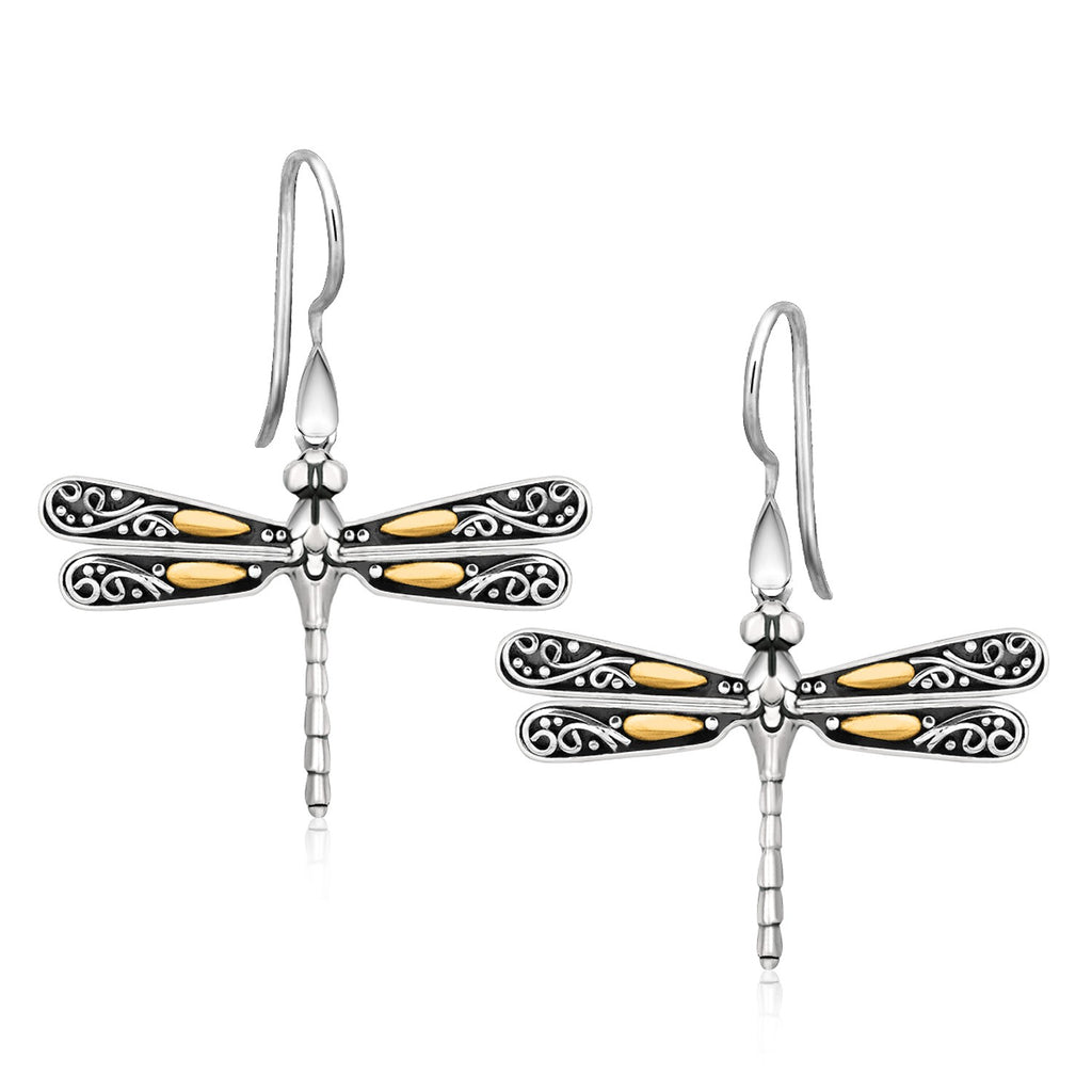 18k yellow gold and sterling silver drop earrings featuring an elegant dragonfly motif, perfect for sophisticated occasions.