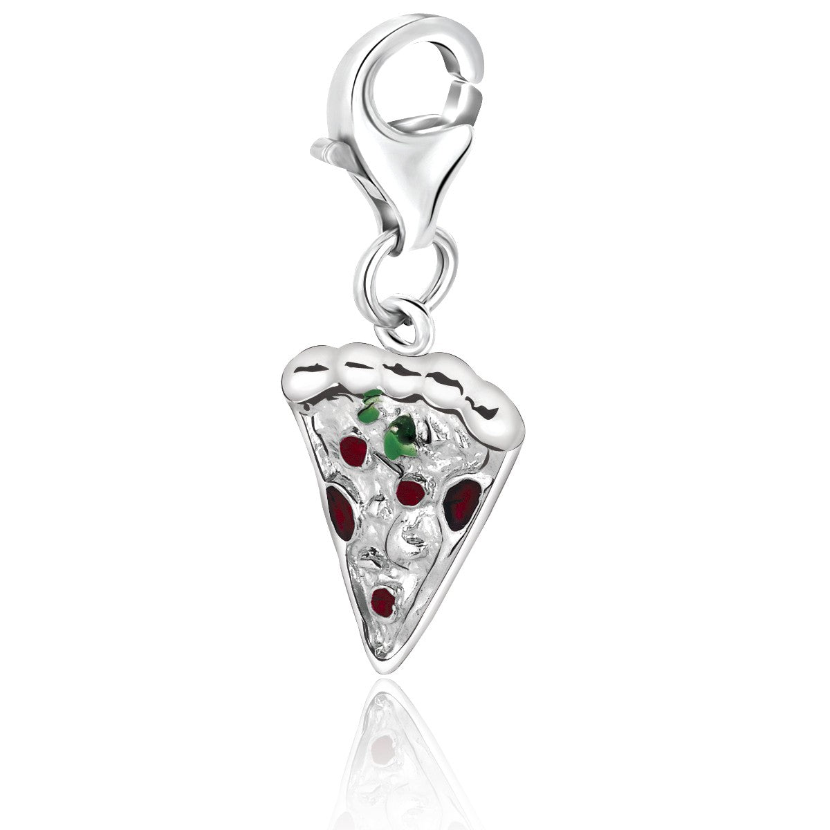 Sterling silver pizza slice charms with vibrant multi-color enamel accents, perfect for modern charm bracelets.