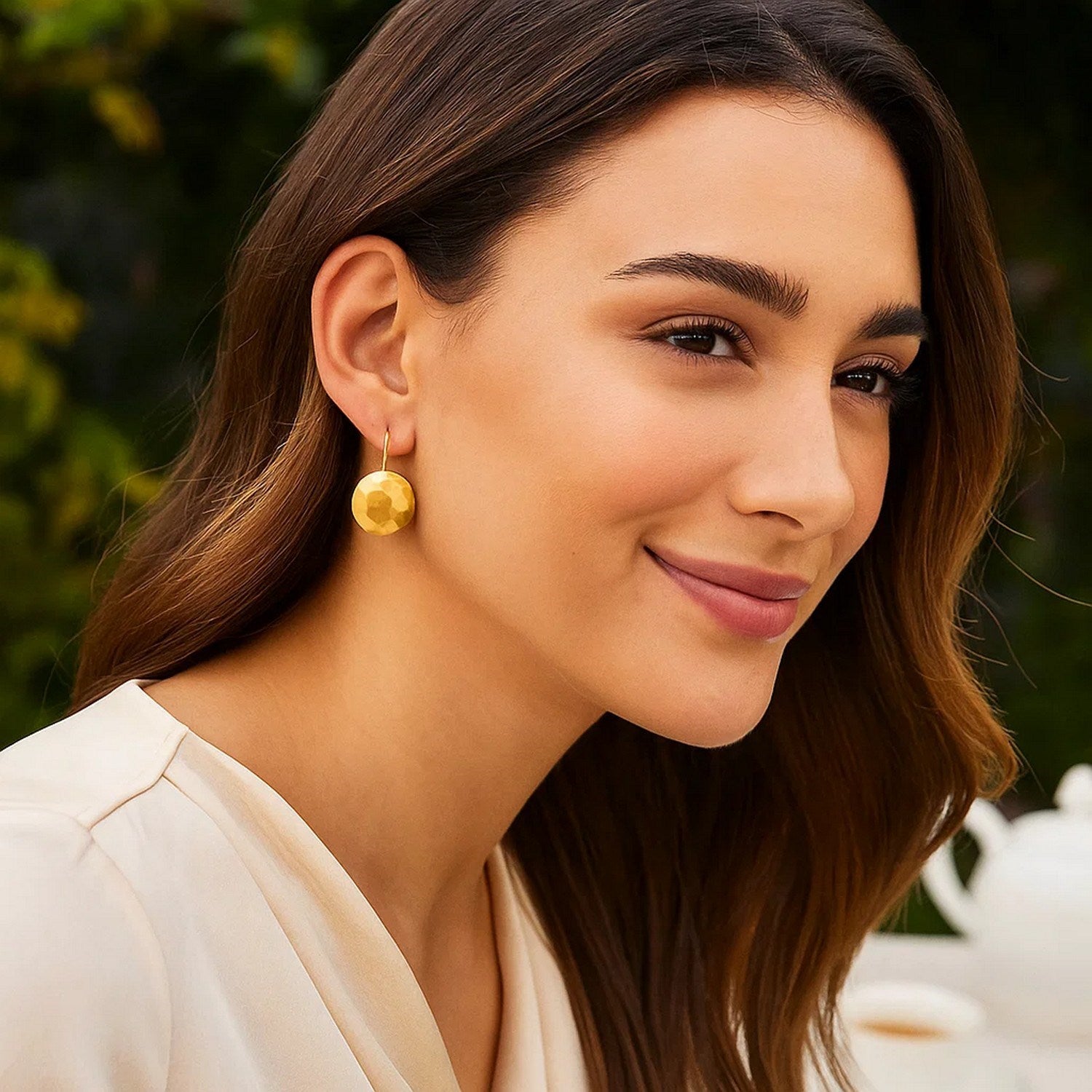 14k yellow gold hammered texture drop earrings showcasing a modern design with elegant round silhouette.