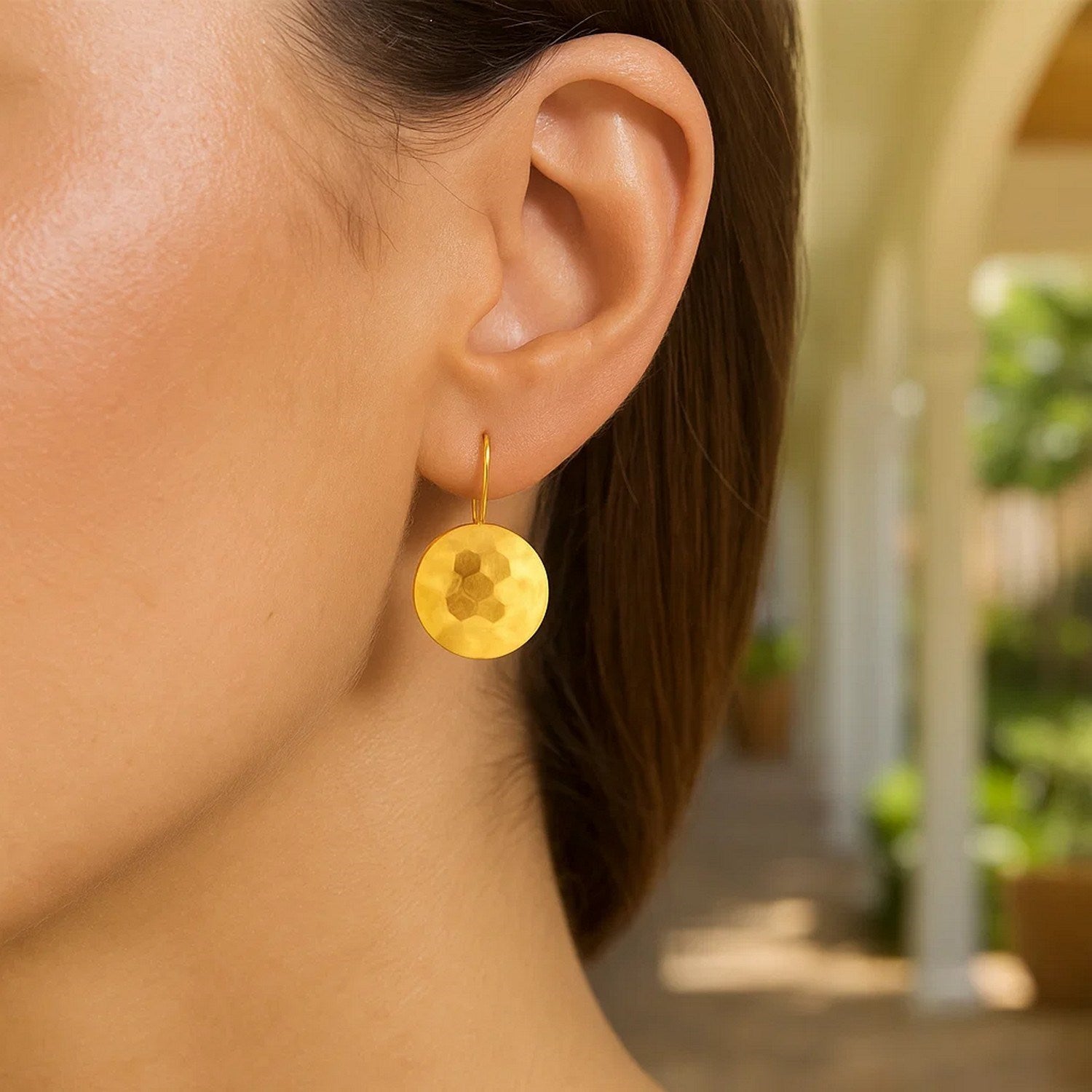 14k yellow gold hammered texture drop earrings with a modern design, perfect for elegant occasions.