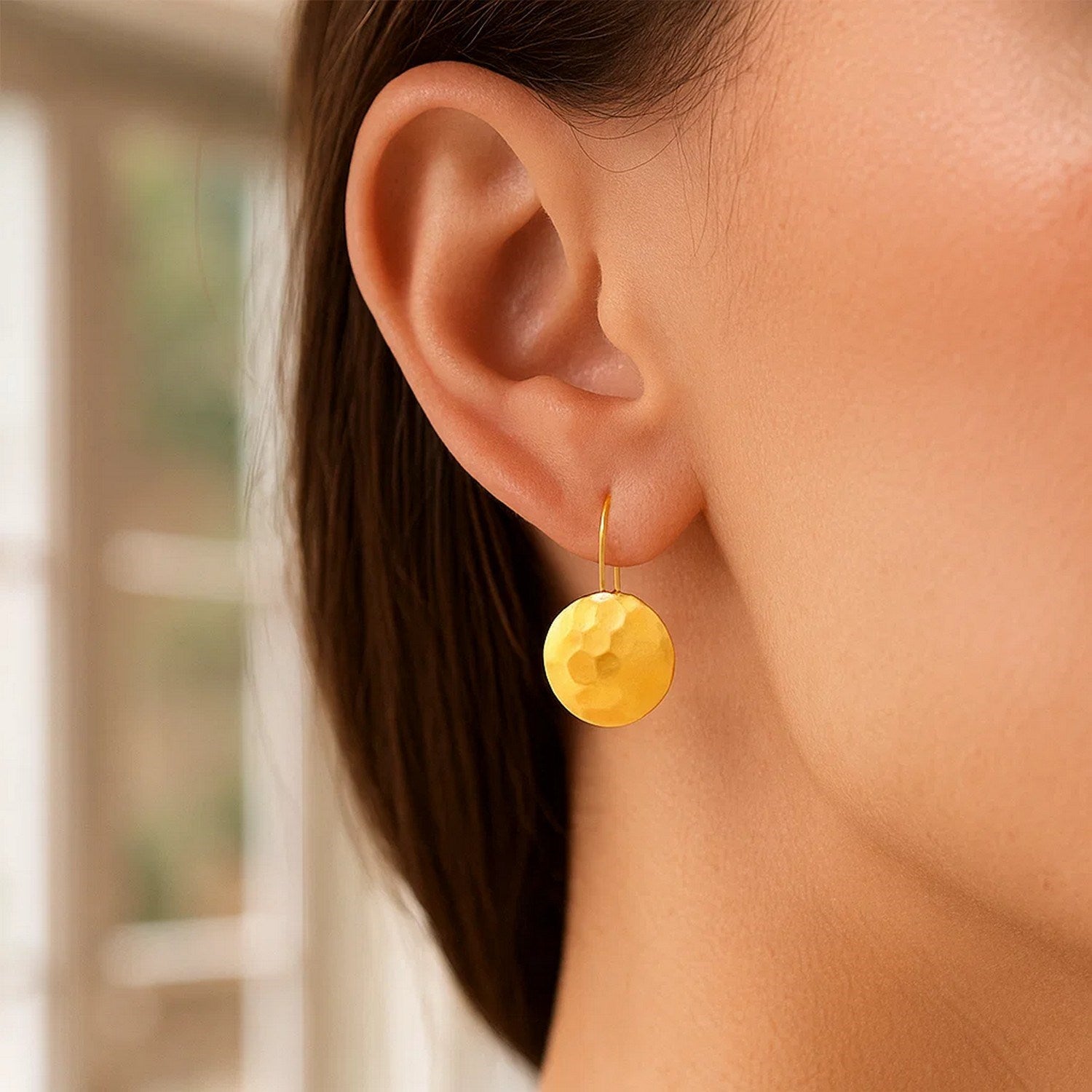 14k yellow gold hammered texture drop earrings with a modern design, showcasing elegance and sophistication.