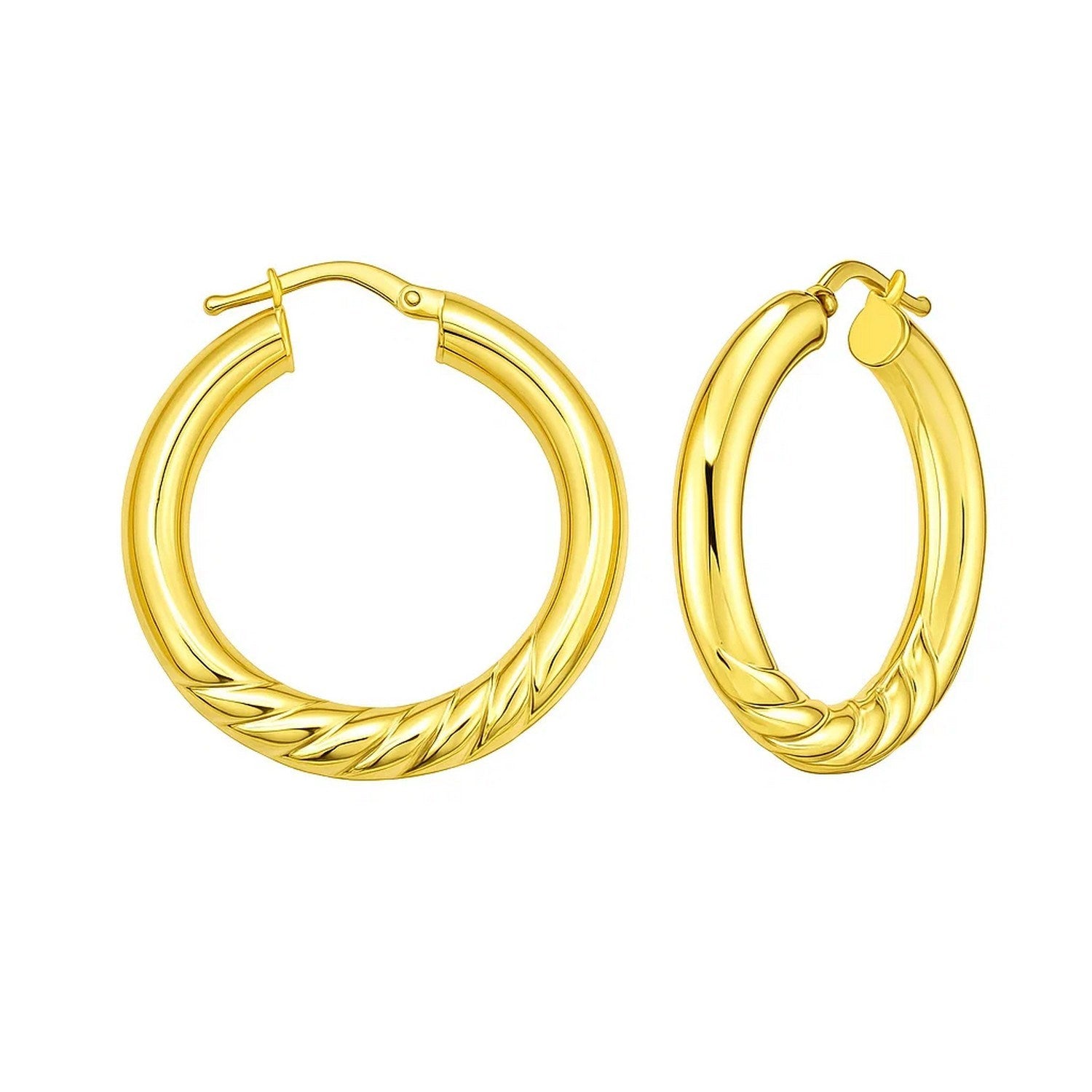 14k yellow gold polished large hoop earrings with a sleek modern design, perfect for elegant occasions.