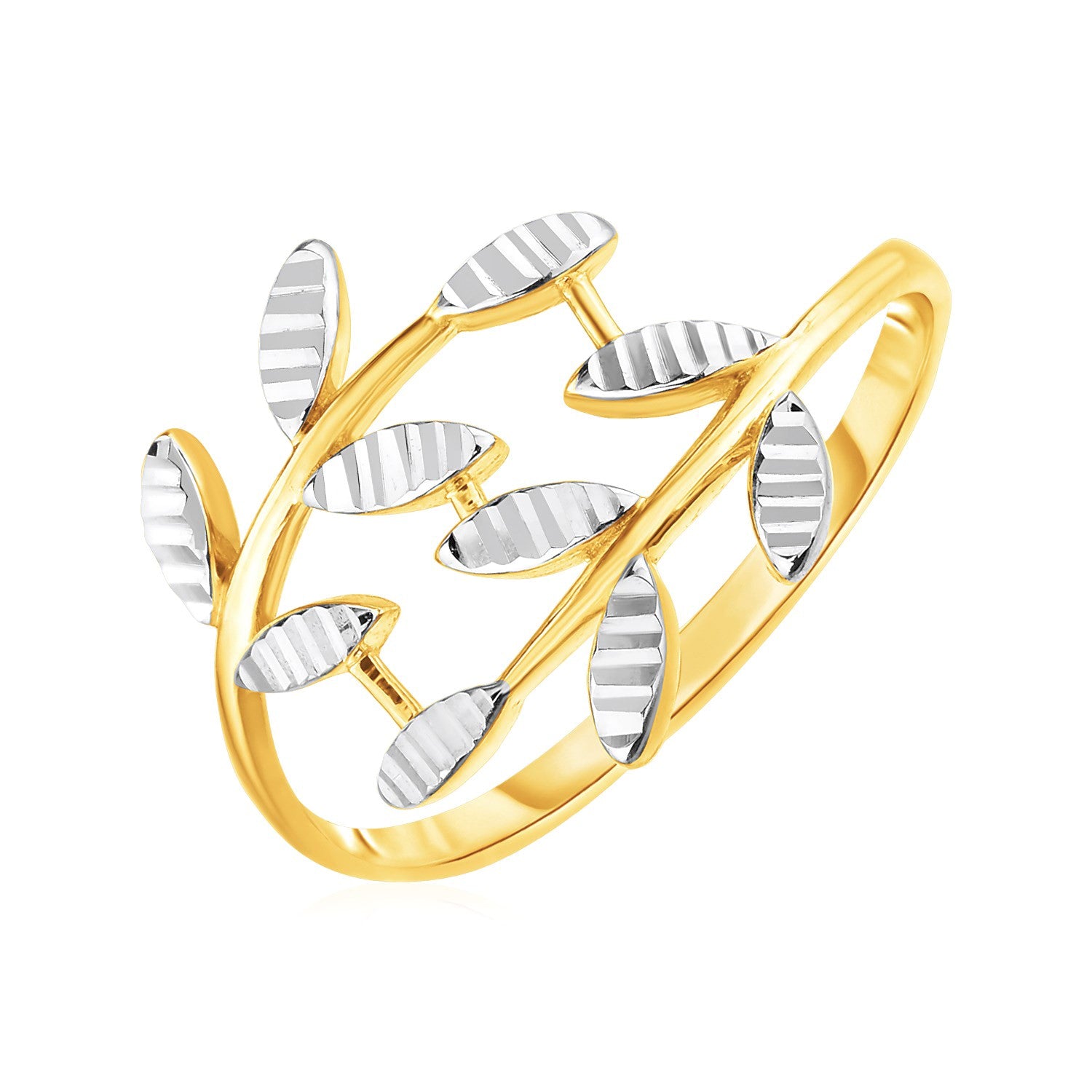 14k two-tone gold crossover ring featuring textured leaves, embodying modern elegance and luxurious craftsmanship.