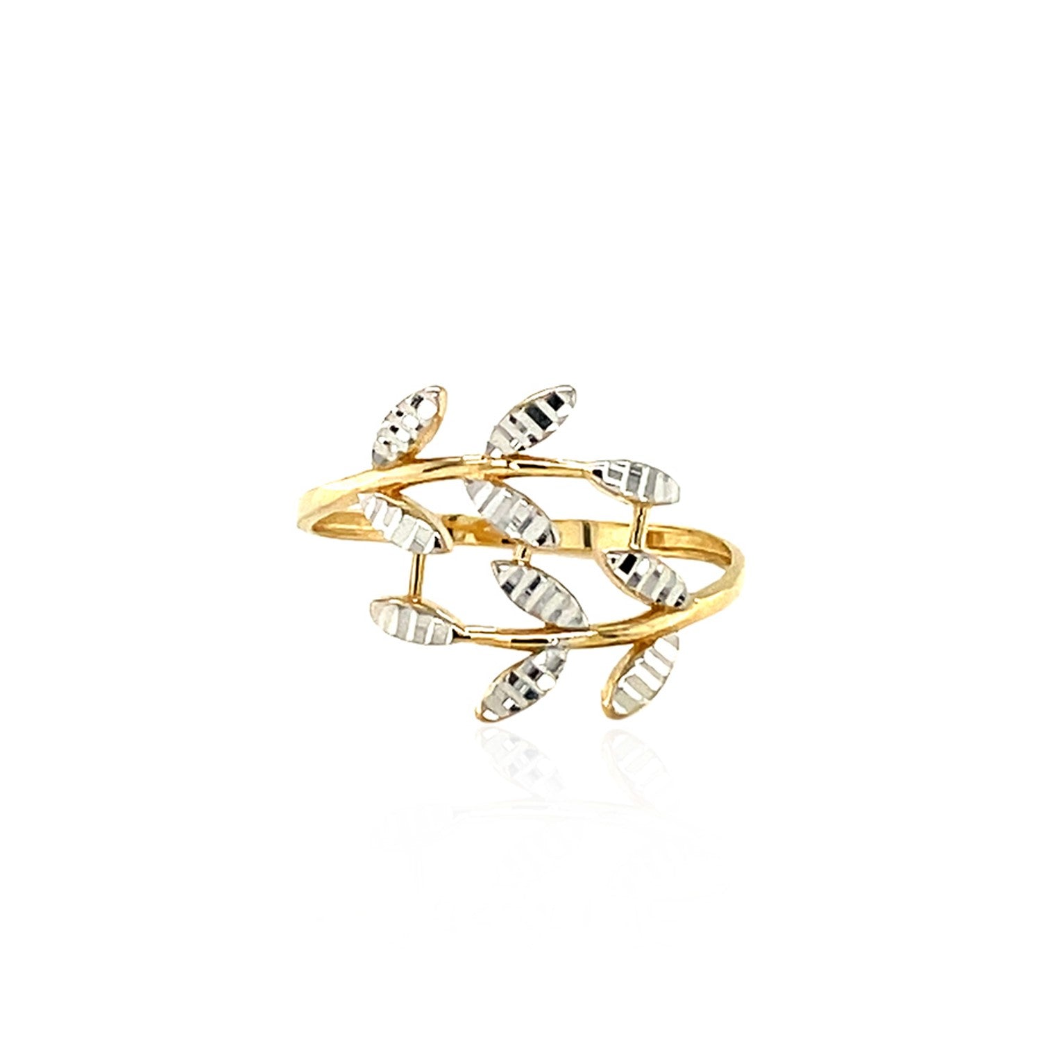 14k two-tone gold crossover ring featuring textured leaves, modern design, perfect for luxury jewelry enthusiasts.