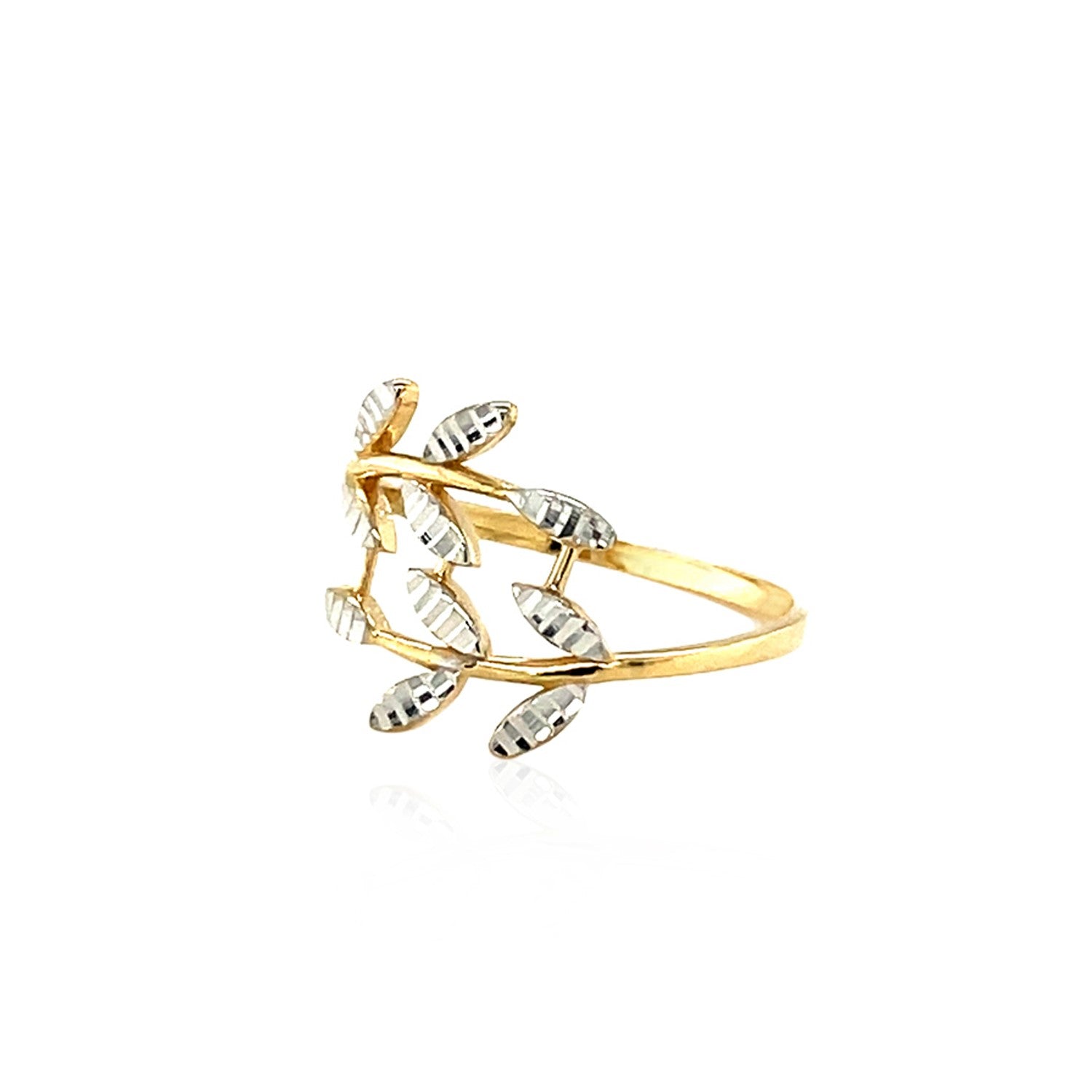 14k two-tone gold crossover ring featuring textured leaves, modern design, perfect for luxury jewelry enthusiasts.