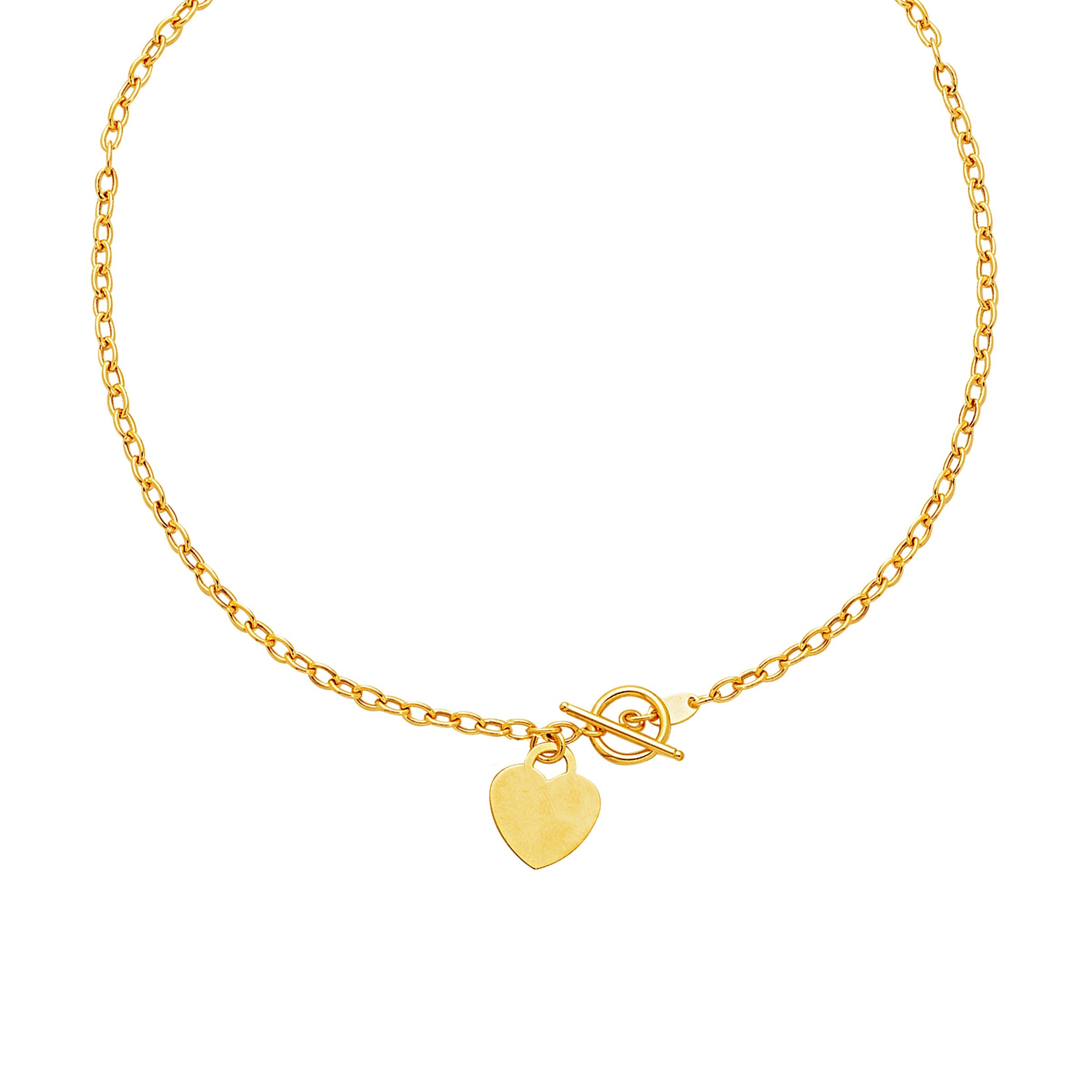14k yellow gold toggle necklace featuring a minimalist heart charm and elegant chain design.