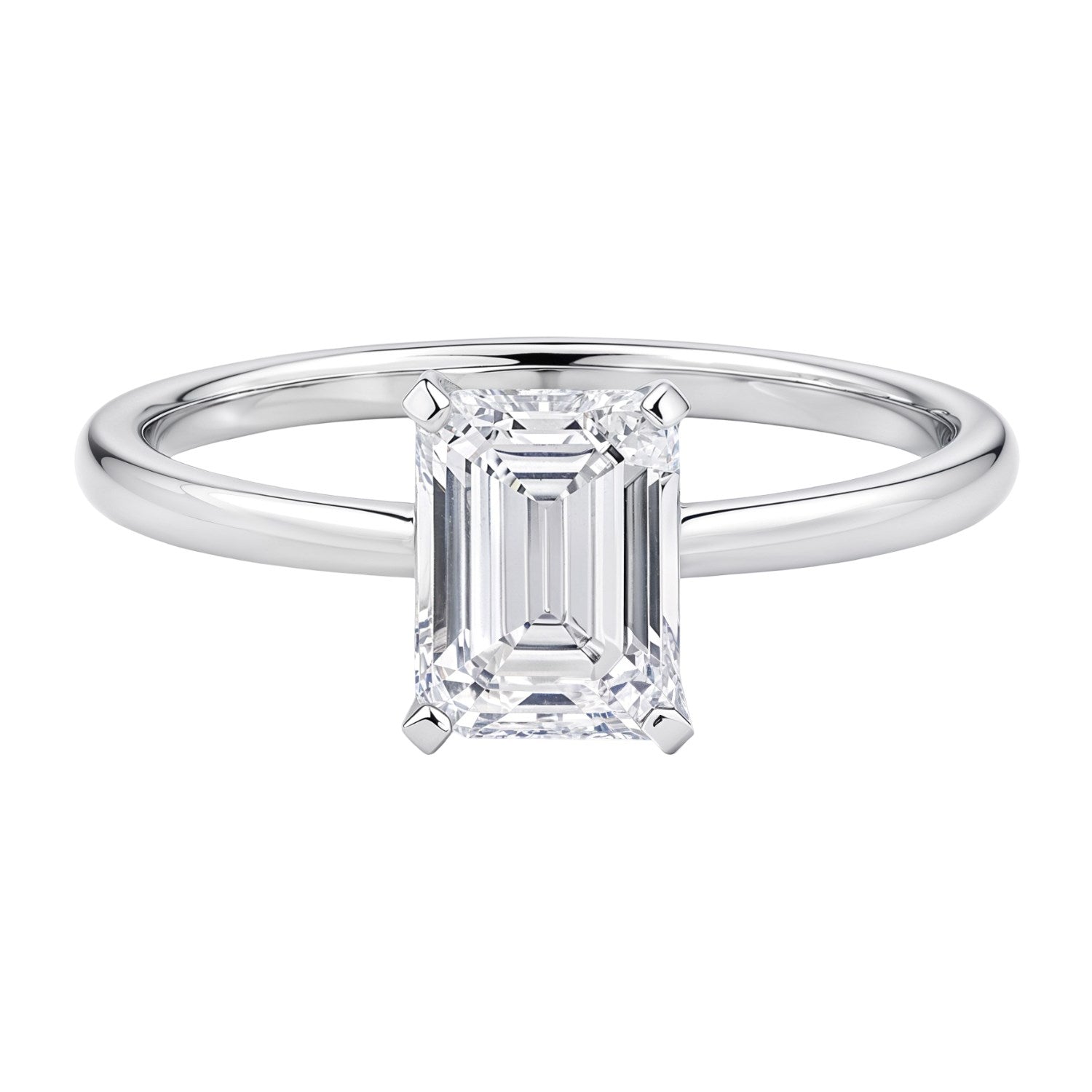 14k white gold solitaire ring featuring a 1 1/2 carat emerald and IGI G/VS1 diamond in elegant prong setting.