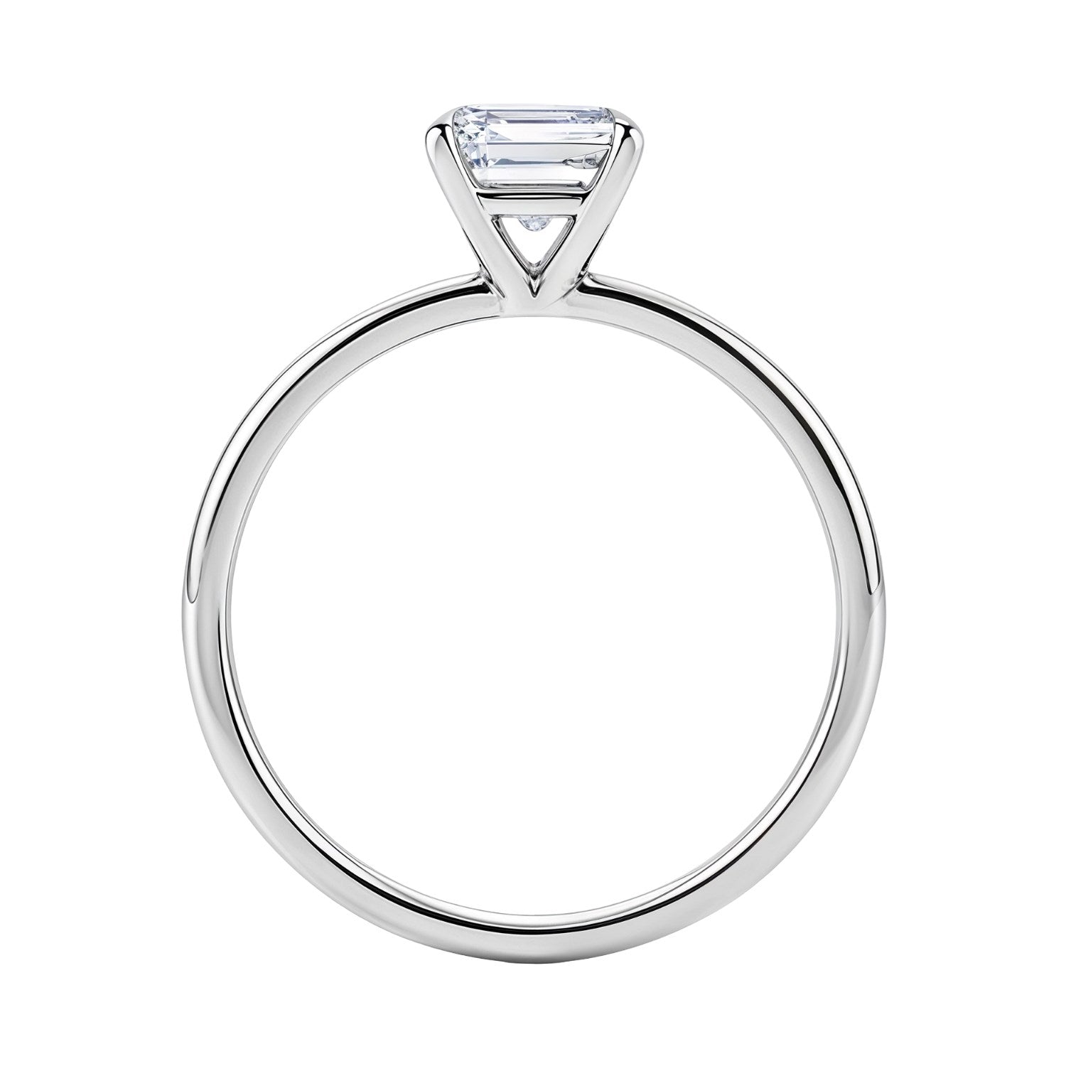 14k white gold solitaire ring featuring a 1 1/2 carat emerald and IGI G/VS1 diamond in a modern prong setting.