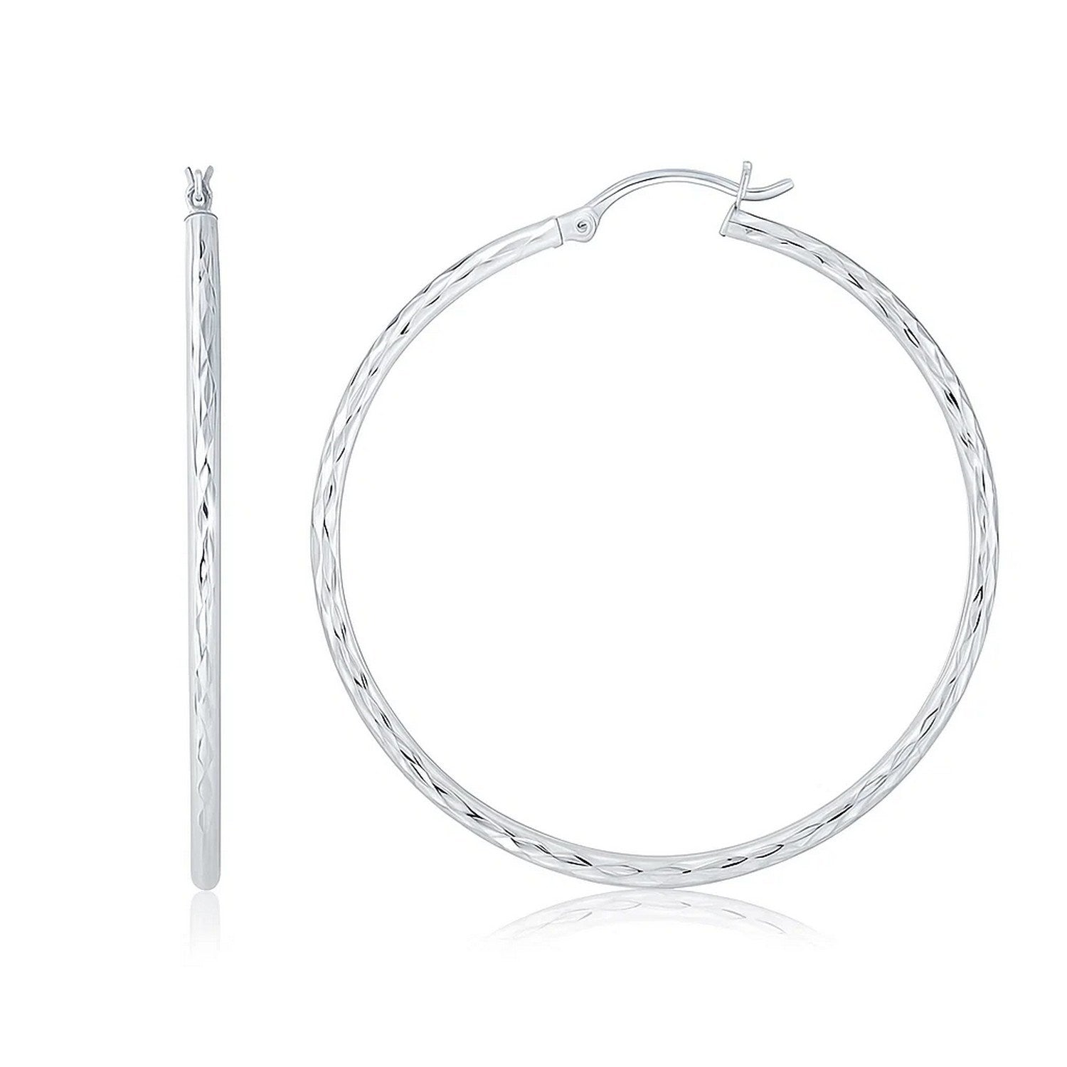 14k white gold diamond cut hoop earrings with a modern design, perfect for elegant occasions and everyday luxury.