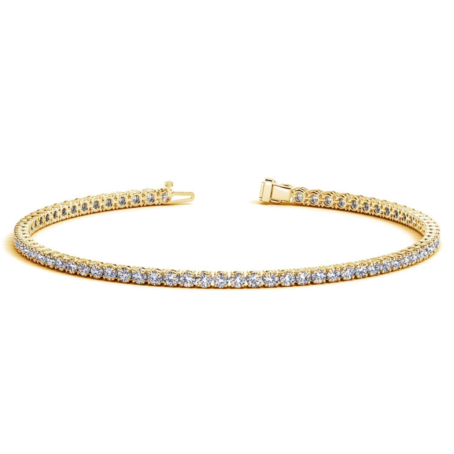 14k yellow gold tennis bracelet featuring prong-set lab-grown round diamonds, modern elegance with 2 cctw brilliance.