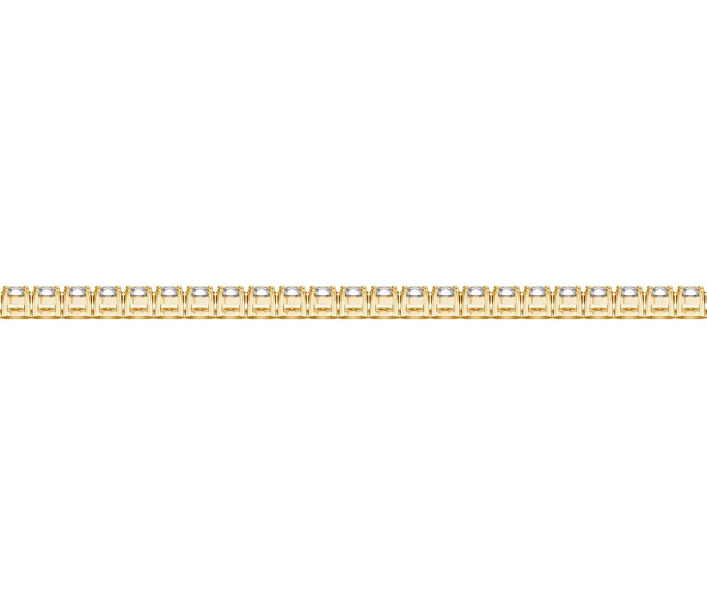 Lab grown diamond tennis bracelet in 14k yellow gold, featuring a modern prong setting and 2 cctw of F/G VS2/SI1 diamonds.