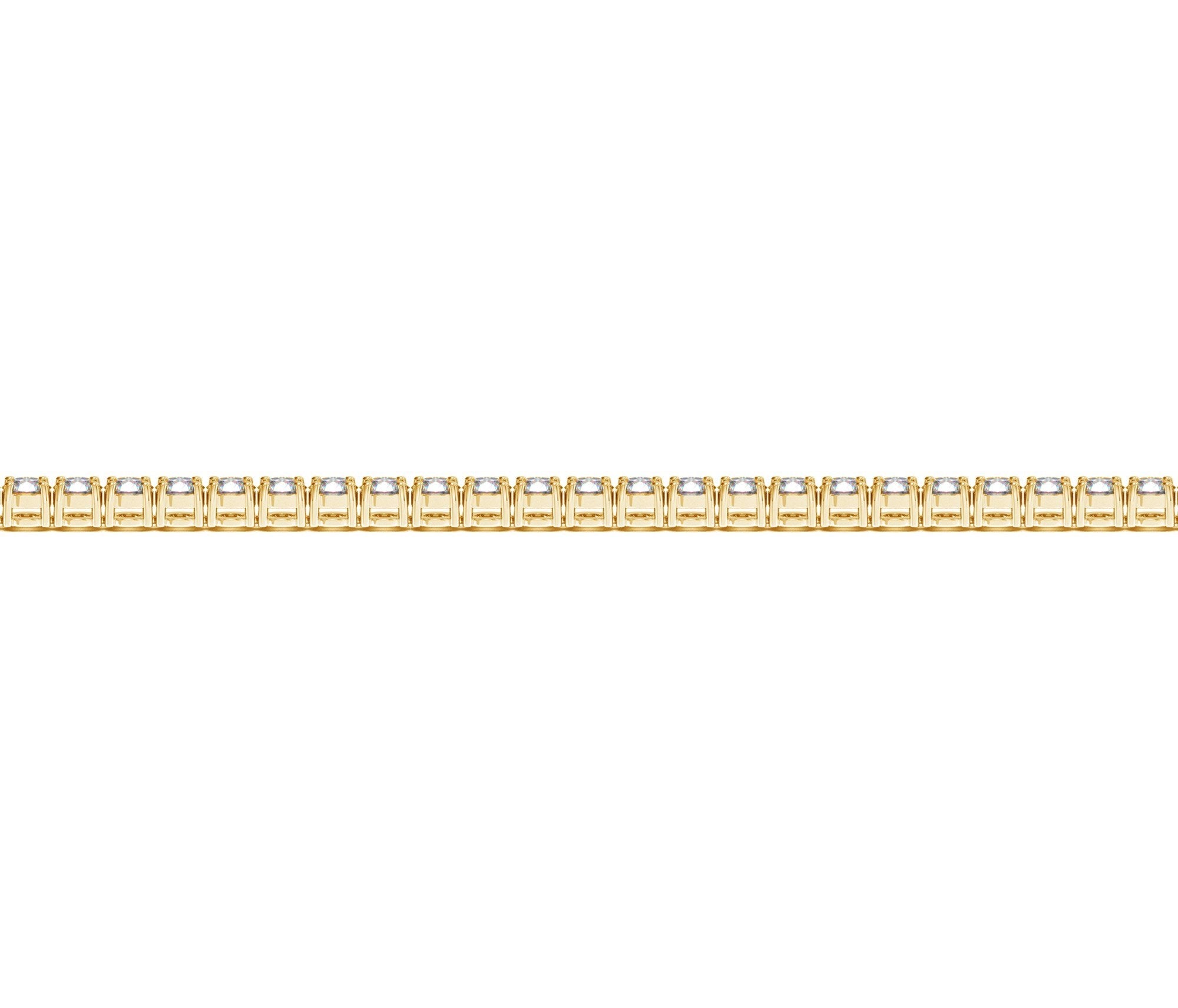 Lab grown diamond tennis bracelet in 14k yellow gold, featuring a modern prong setting and 2 cctw of F/G VS2/SI1 diamonds.