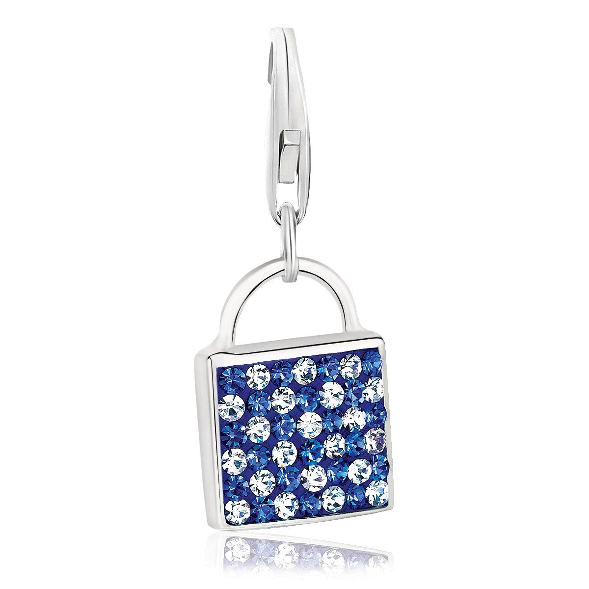 Sterling silver handbag charm adorned with white and blue studded accents, exuding elegance and sophistication.