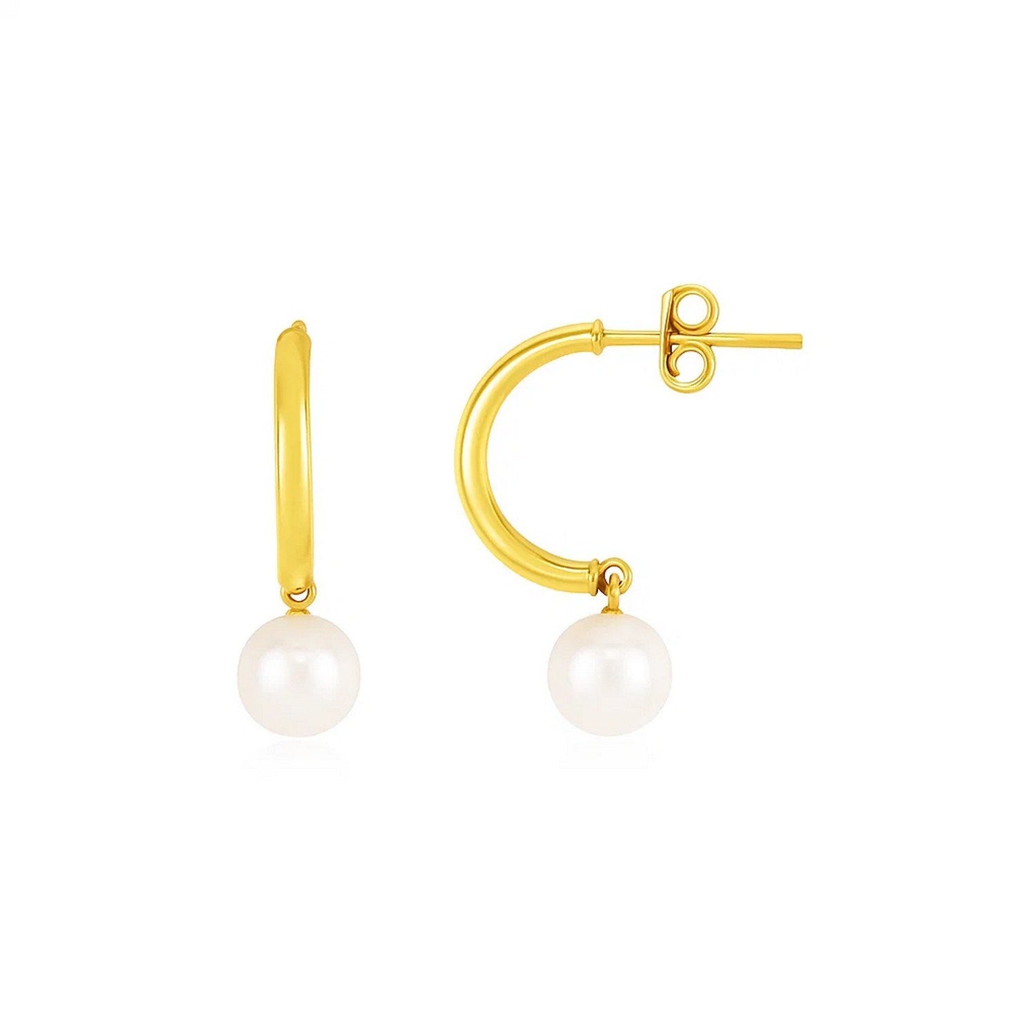 14k yellow gold polished half hoop earrings adorned with lustrous pearls, showcasing a modern and elegant design.