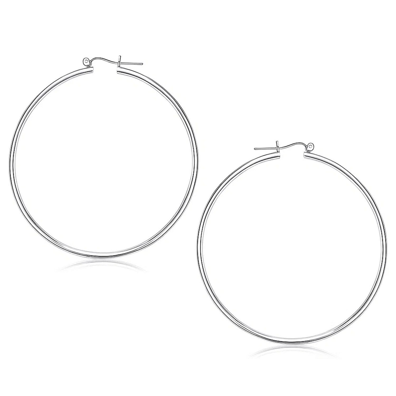 14k white gold polished hoop earrings with a sleek modern design, perfect for elegant everyday wear.
